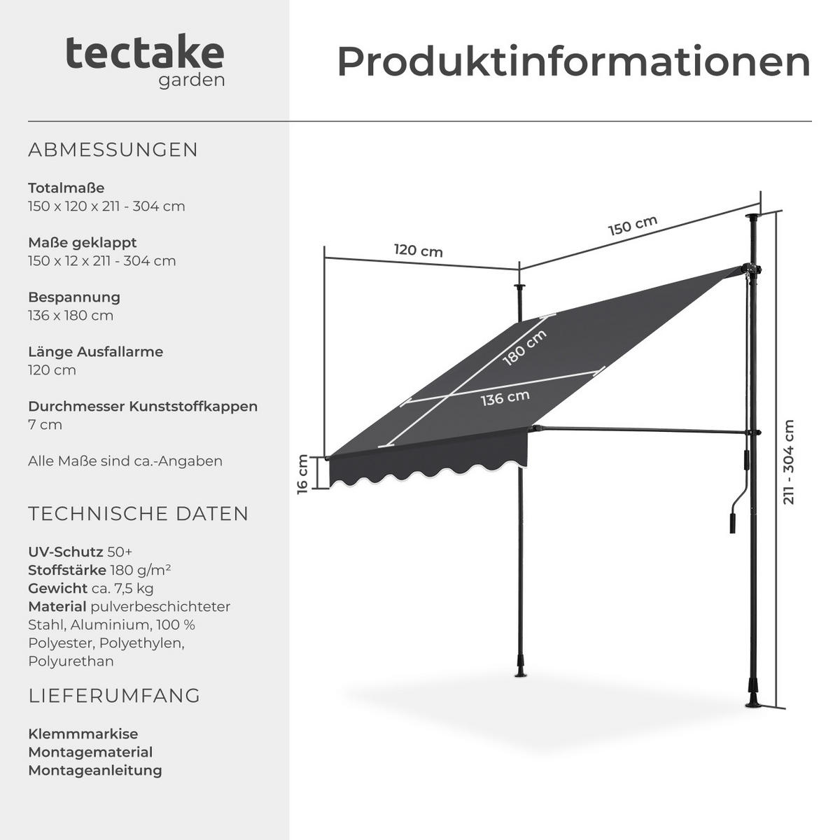 KLEMMMARKISE ,einfache Montage,schwarz/grau - Schwarz/Grau, Kunststoff (150/304/180cm) - tectake