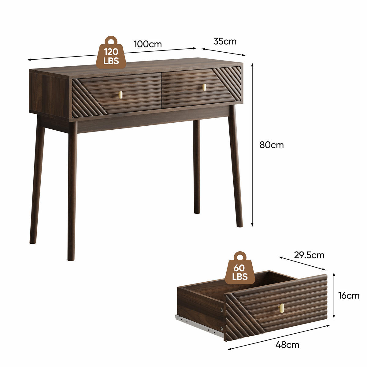 SCHMINKTISCH mit 2 Schubladen in Walnussoptik - Braun, Holzwerkstoff (35/100/80cm) - Urban Meuble