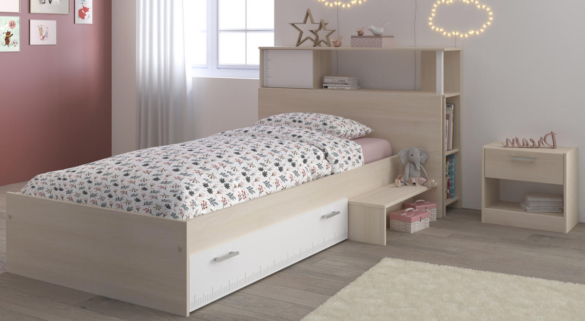 KINDERZIMMER Set 3-tlg. mit Regal Nachttisch und Bett 90 x 200 - Silberfarben/Weiß, Holz/Holzwerkstoff (203/93/123cm) - Parisot Meuble