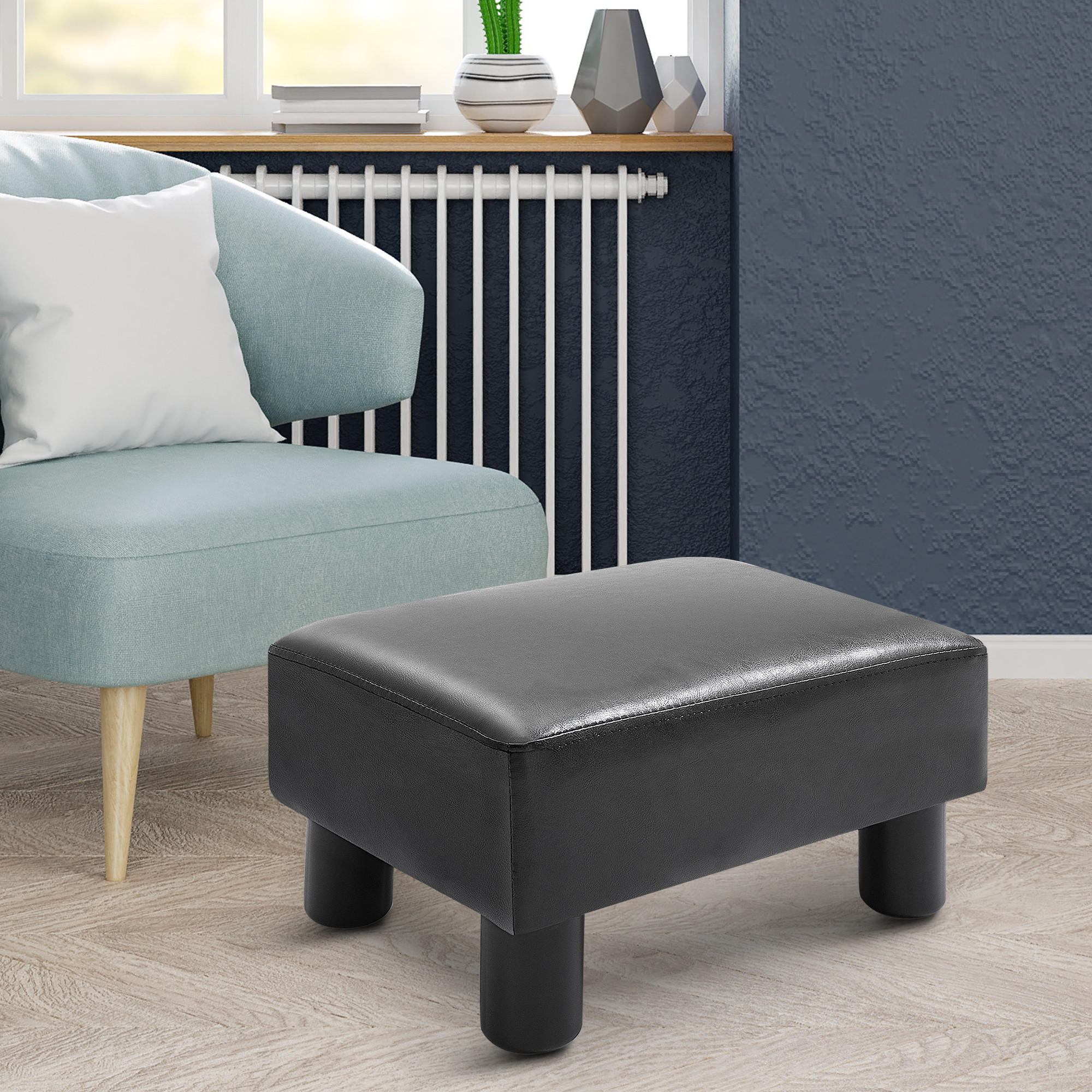 FUSSHOCKER, Beinstütze, Sitzhocker, Schwarz - Schwarz, Leder (30/24/40cm) - HOMCOM