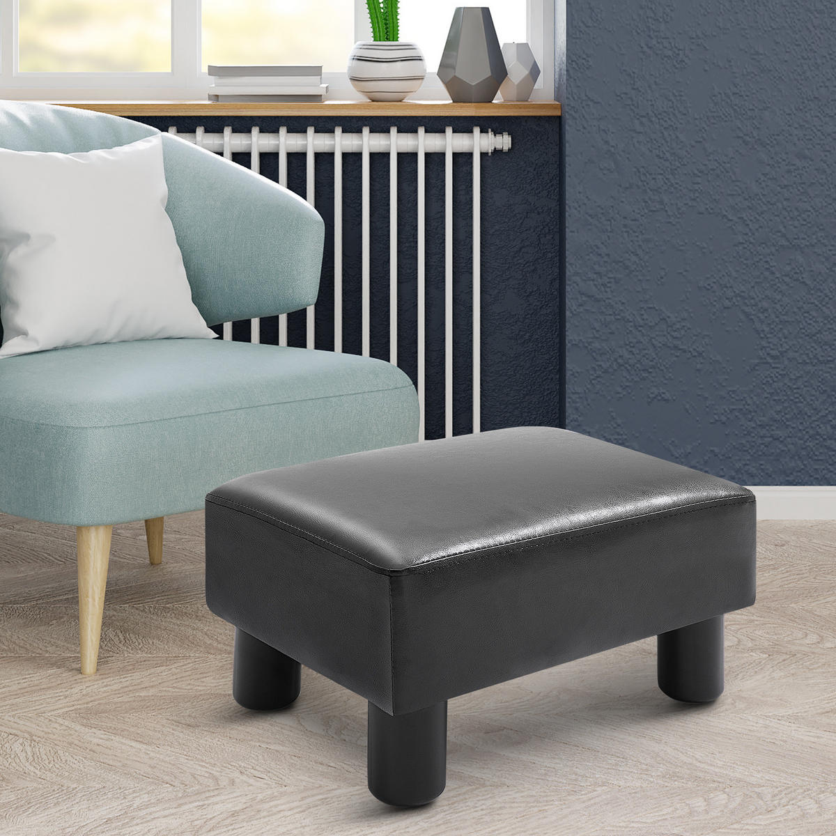 FUSSHOCKER, Beinstütze, Sitzhocker, Schwarz - Schwarz, Leder (30/24/40cm) - HOMCOM