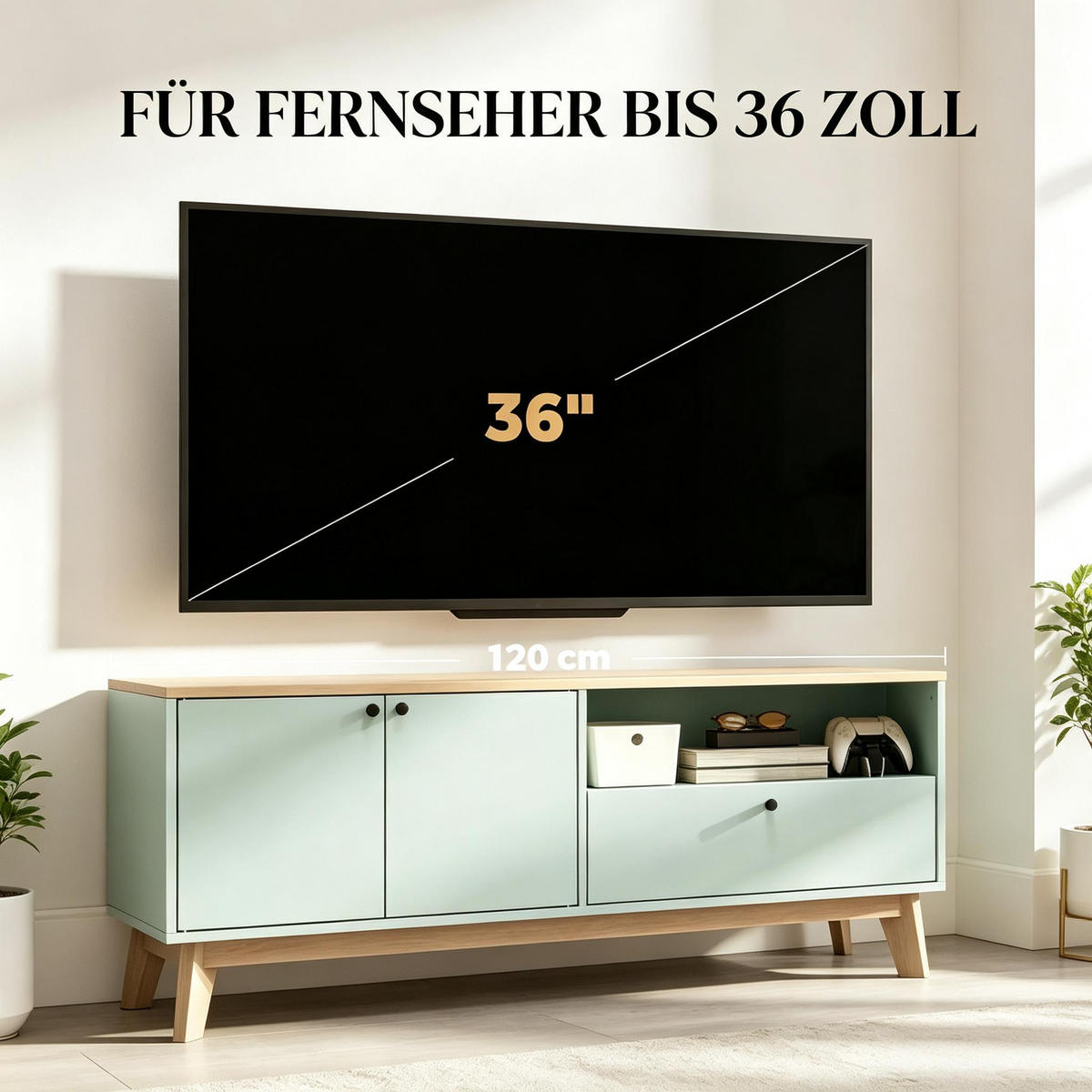 TV-SCHRANK 120/35/50 cm Hellgrün Eiche mit 1 Schublade und 2 Türen - Eichefarben, Holzwerkstoff (120/50/35cm) - Oxeza