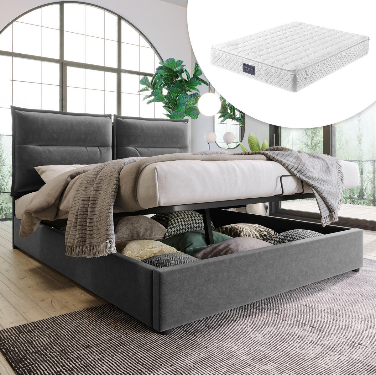 POLSTERBETT 140/200 cm Grau aus Samt mit Bettkasten - Grau, Textil (140/200cm) - OKMYHOME