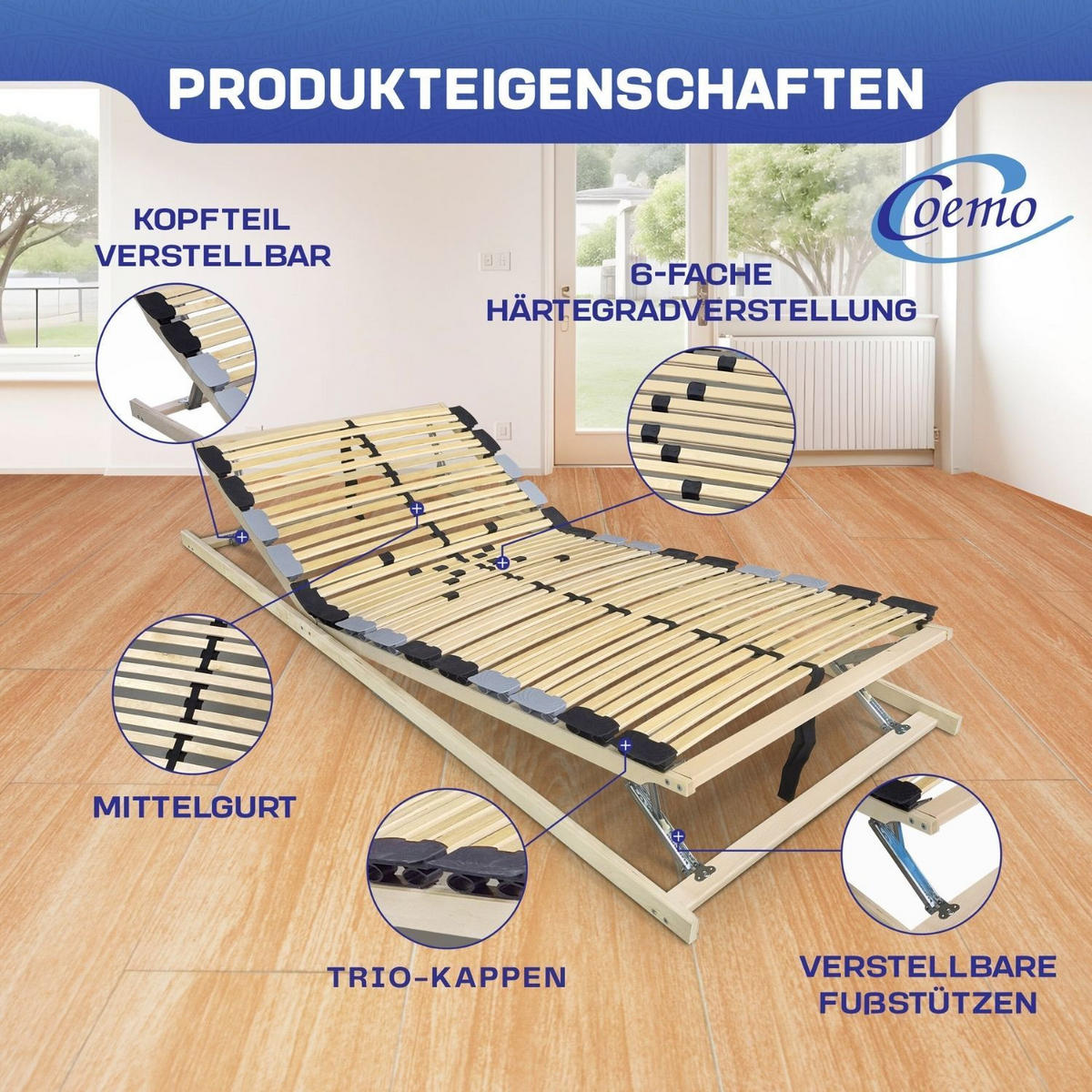 LATTENROST PREMIUM KF 90x200 cm Kopf-Fußteil verstellbar - Naturfarben, Holz (90/200cm) - Coemo