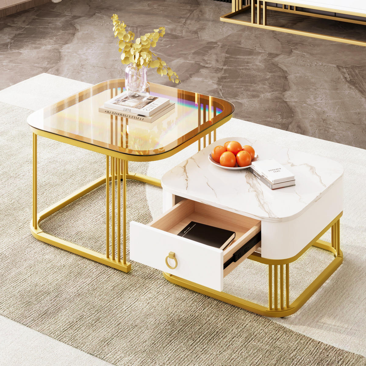 COUCHTISCH 60/60/44.5+50/50/34.5 cm in Weiß/Gold aus MDF mit Schublade - Weiß, Holzwerkstoff (60/60/45cm) - OKMYHOME