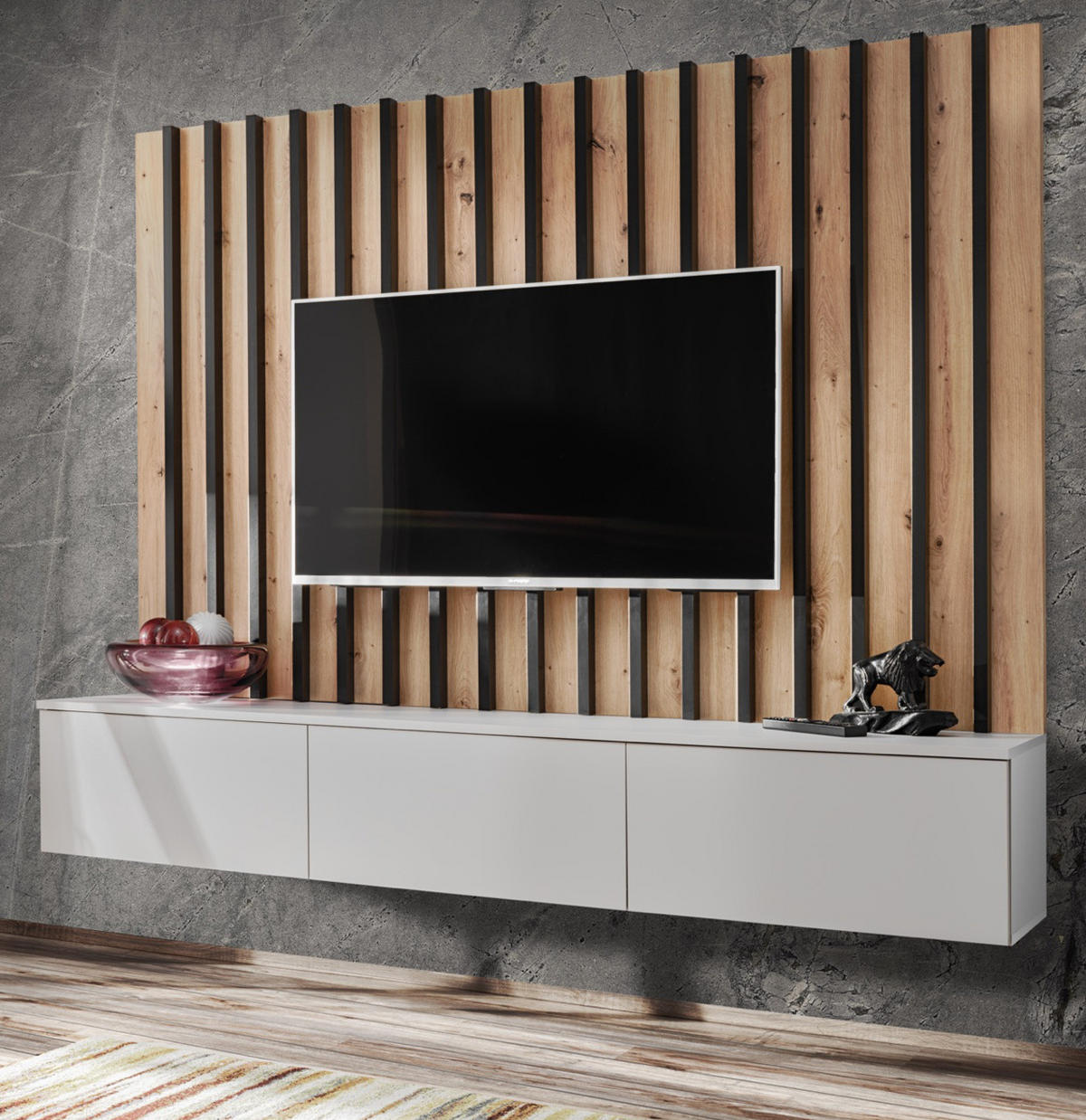 WOHNWAND grau, Artisan Eiche 180 cm, Schrankwand mit Push-top-Open - Eiche Artisan/Grau, Holzwerkstoff (180/148/35cm) - Furn.Design