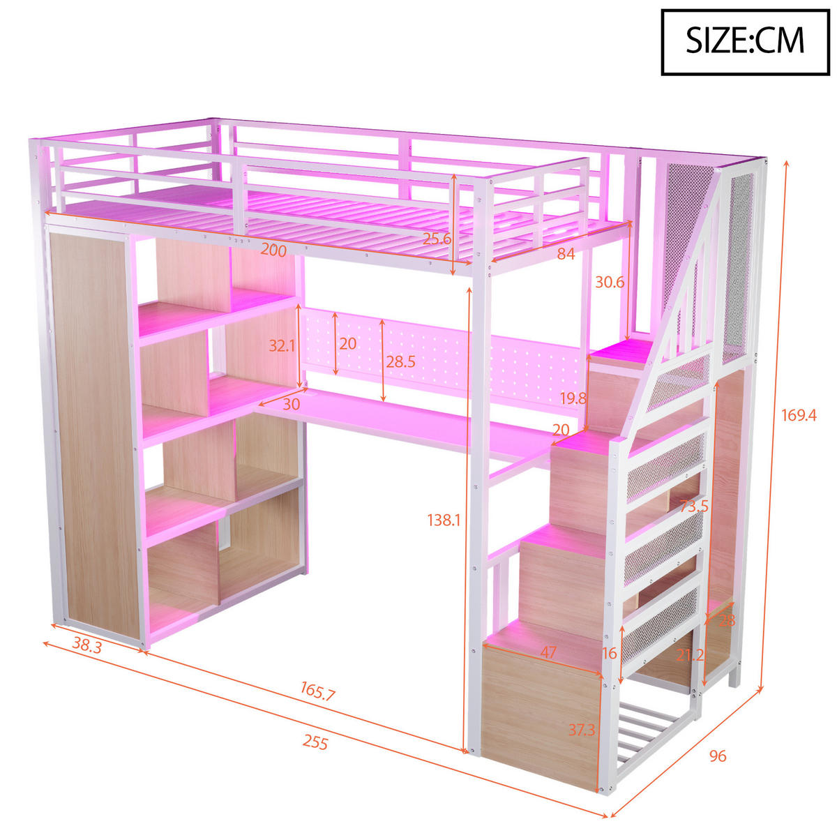 HOCHBETT 90/200 cm aus Metall und werkstoff mit Schreibtisch, Stauraumtreppe, Kleiderschrank und LED, Weiß - Weiß, Metall (90/200cm) - Redom