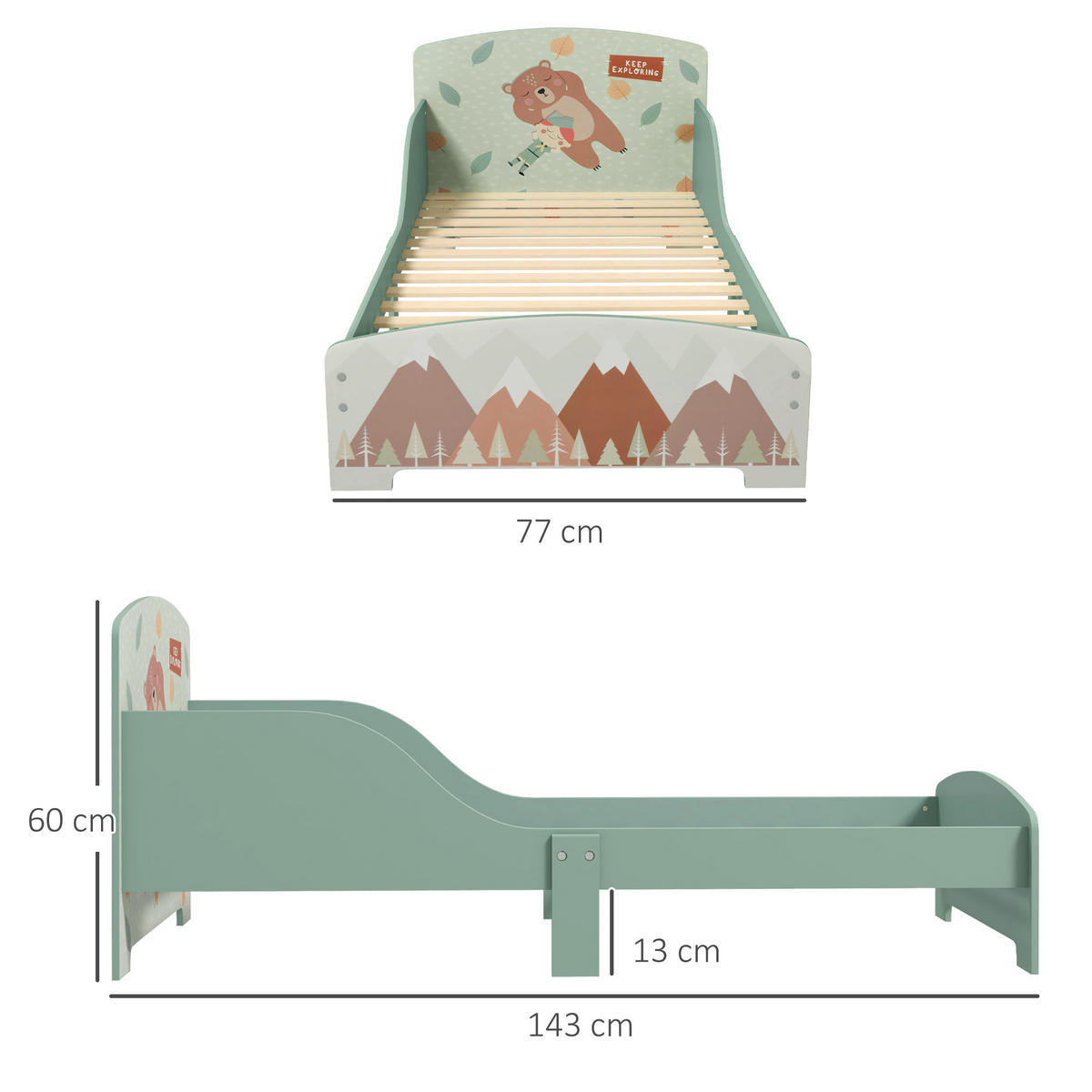 KINDERBETT 140x70 cm DE-14636 mit Sicherheitsbarrieren, Tiermotiv Grün - Grün, Holzwerkstoff (70/140cm) - ComfortXL