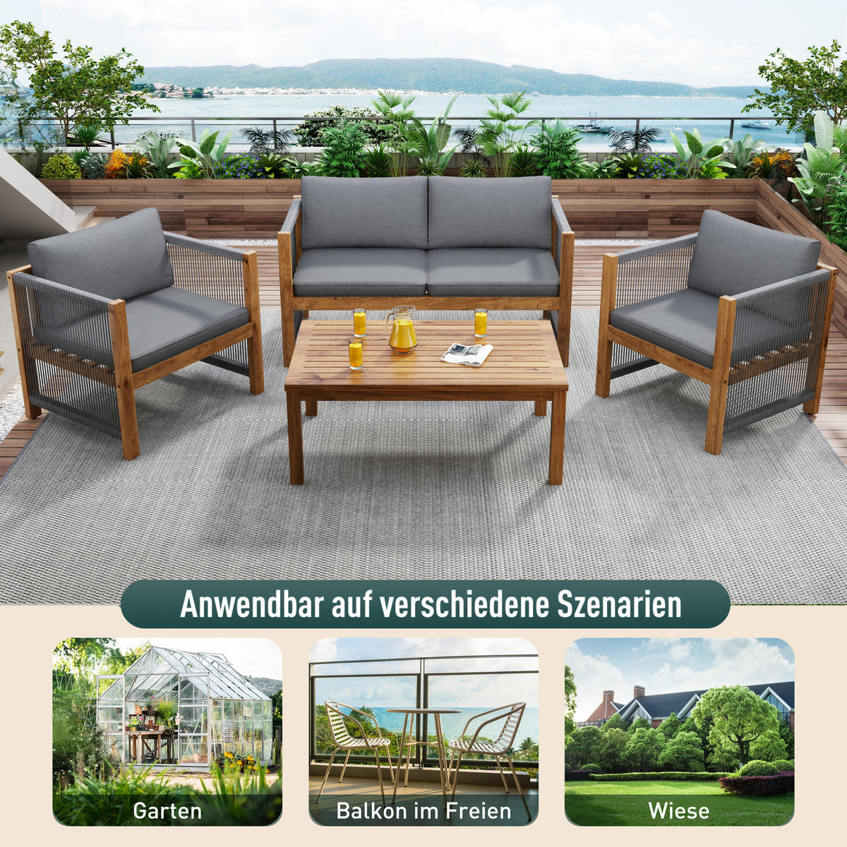 LOUNGESET Grau Rattanoptik Akazie Doppelsofa 2 Sessel Tisch - Grau, Textil - FLIEKS