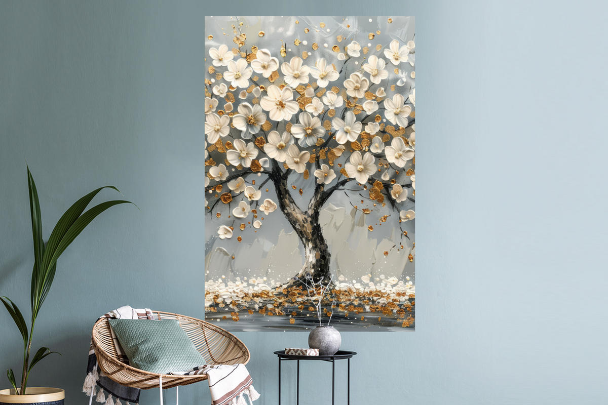 WANDTATTOO Baum - Blumen - Weiß - Natur - Kunst 80x120 cm - Weiß, Kunststoff (80/120/0.1cm) - MuchoWow