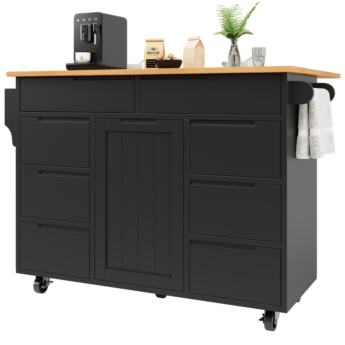 KÜCHENINSEL 122x74.5x91.5cm Schwarz mit 8 Schubladen & 5 Rollen - Schwarz, Holzwerkstoff (122/91.5/74.5cm) - Modfu