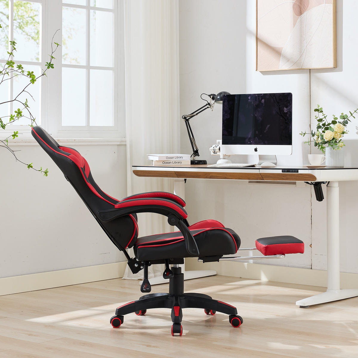 DREHSTUHL B64 / T58 / H116.5-126 cm, Rennsport-Design, gepolstertes PVC-Leder, höhenverstellbar und drehbar, Schwarz/Rot - Rot, Kunststoff (58/116.5/64.5cm) - Redom