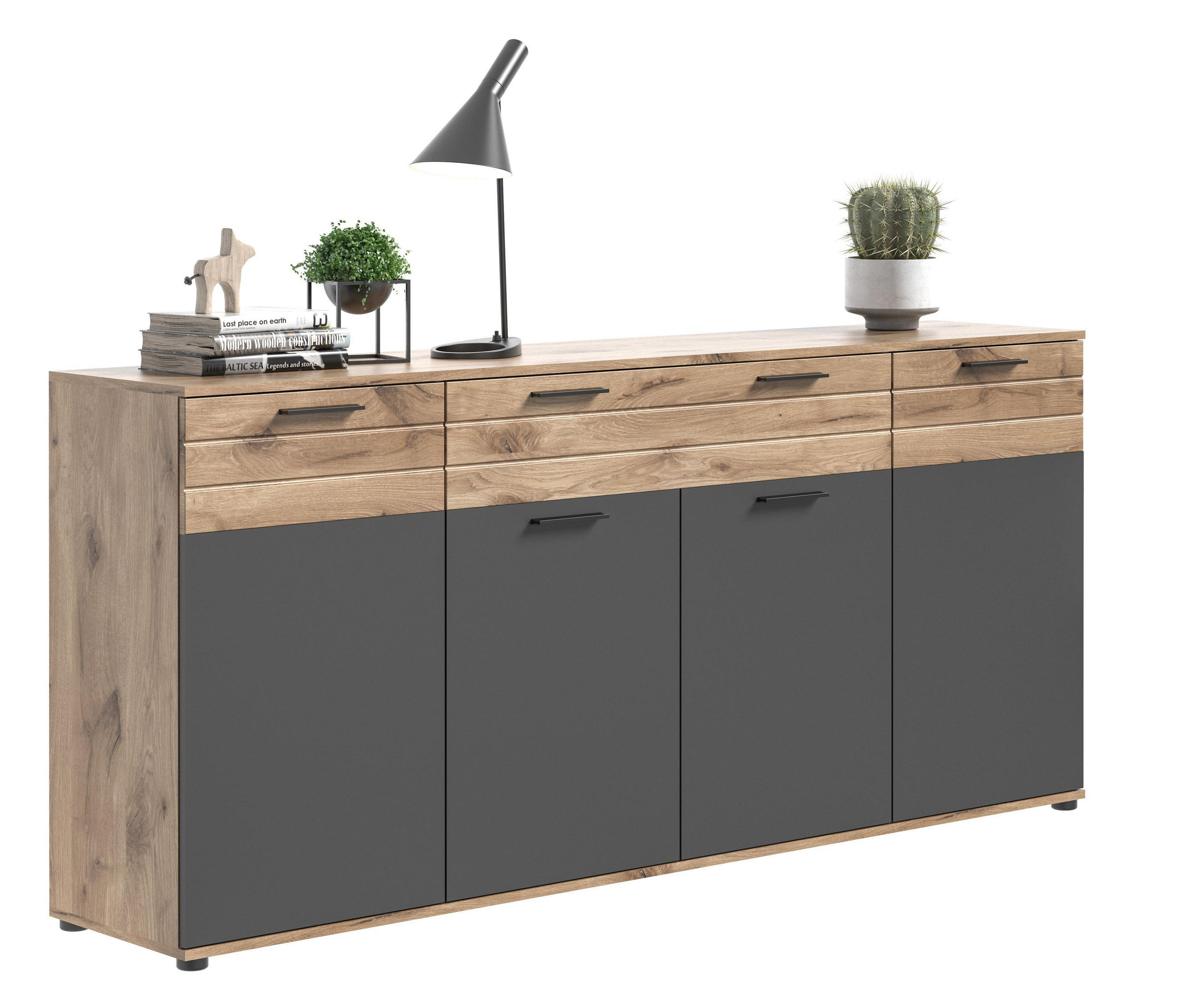 SIDEBOARD MASON (B/H/T: ca. 200/91/40 cm) in Nox Oak Nachbildung/Basalt grau - Eichefarben, Holzwerkstoff (200/91/40cm)