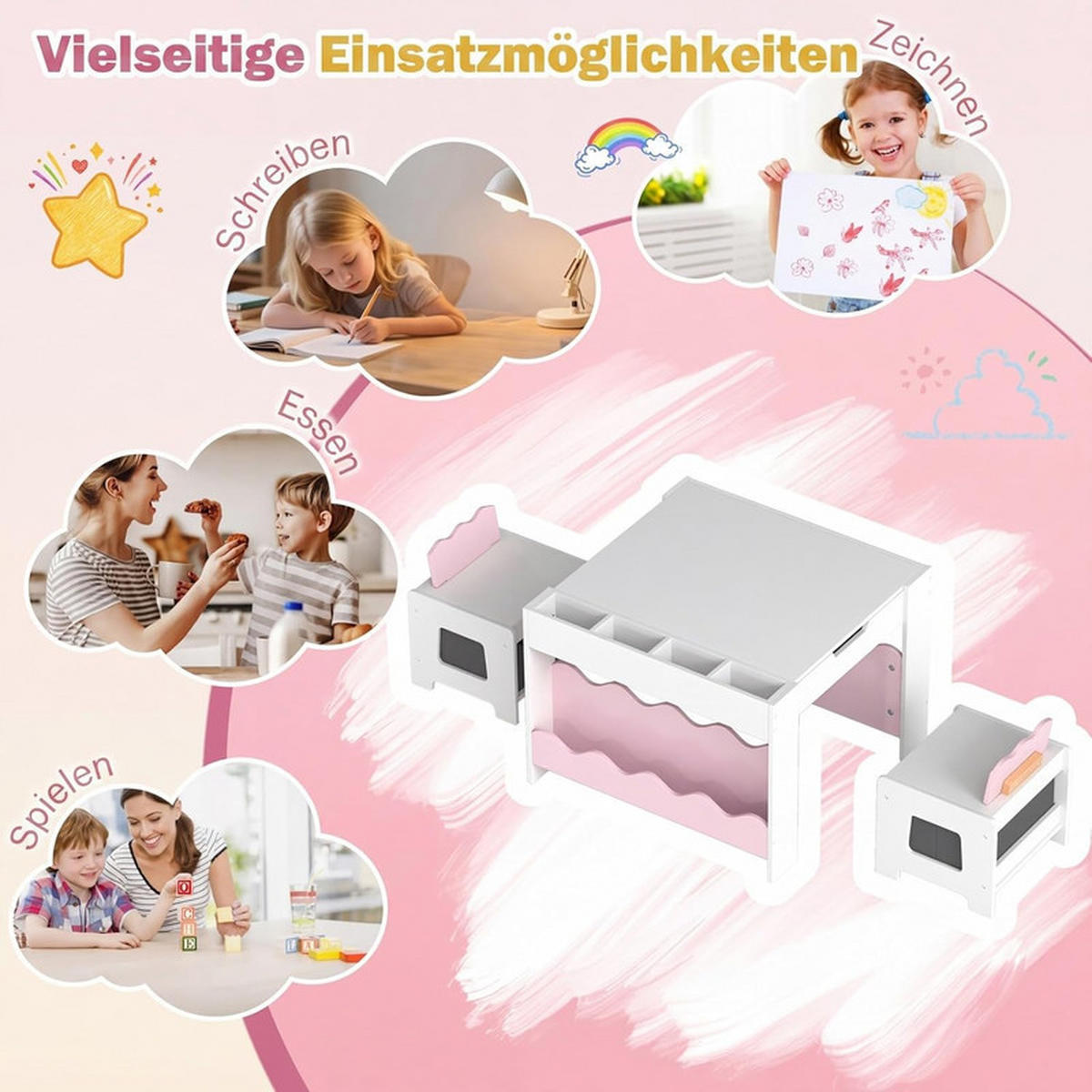 KINDERTISCH mit Stuhl rosa(3-tlg) - Pink, Holzwerkstoff (66/48/64cm) - COSTWAY