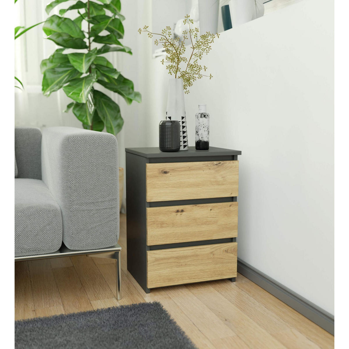 NACHTSCHRANK Grau, Eiche Artisan 40x35x57 cm - Eiche Artisan/Grau, Holzwerkstoff (40/57/35cm) - Akord