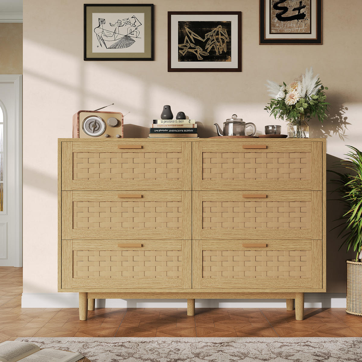 KOMMODE Holzoptik, 6 Schubladen, PVC-geflecht, 115×40×80 cm, Eichefarben - Eichefarben, Holz (115/80/40cm) - EuroLiving