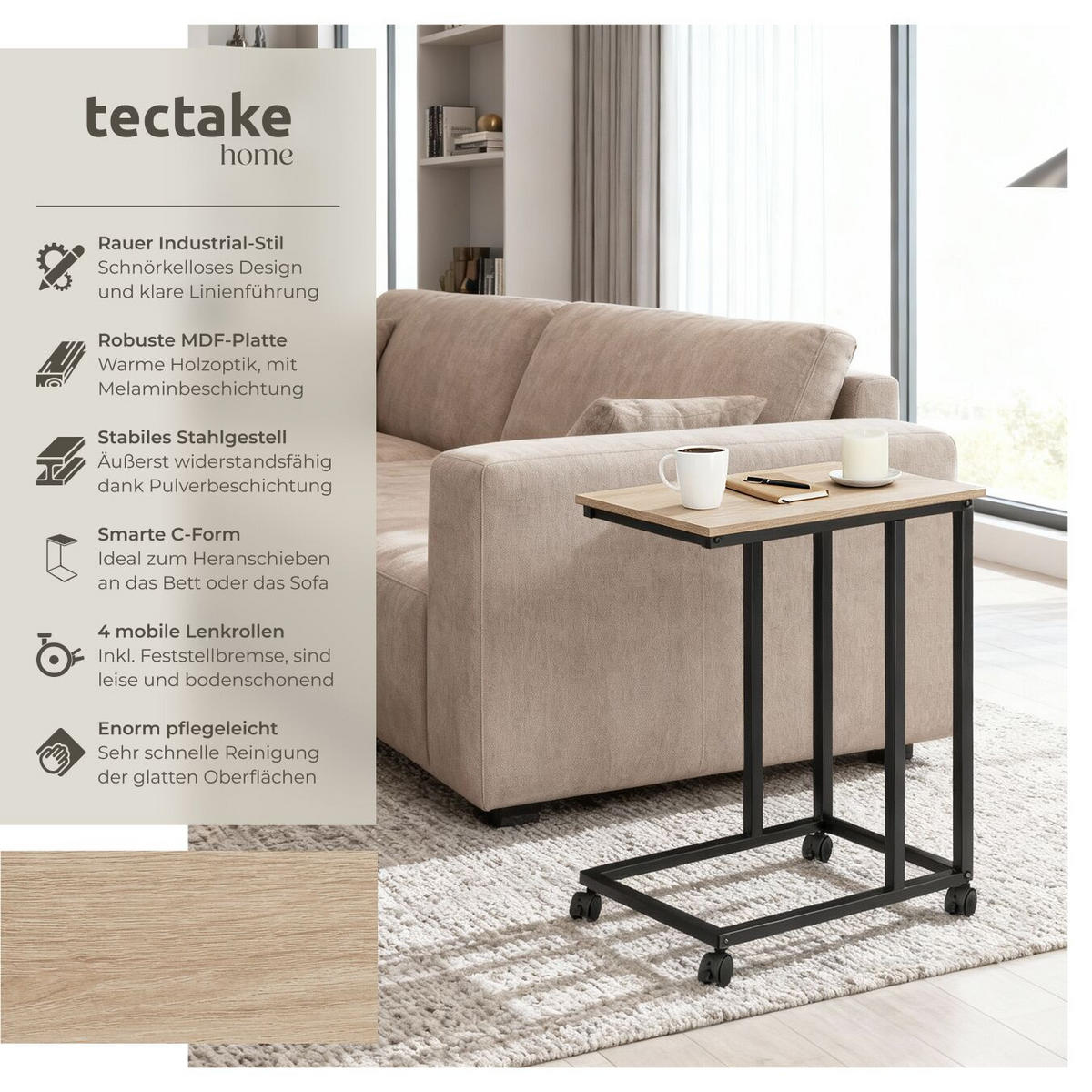 BEISTELLTISCH Luton, 48 x 35 x 70 cm, Industrial Holz hell, Eiche Sonoma - Naturfarben, Holz (48/35/70cm) - tectake