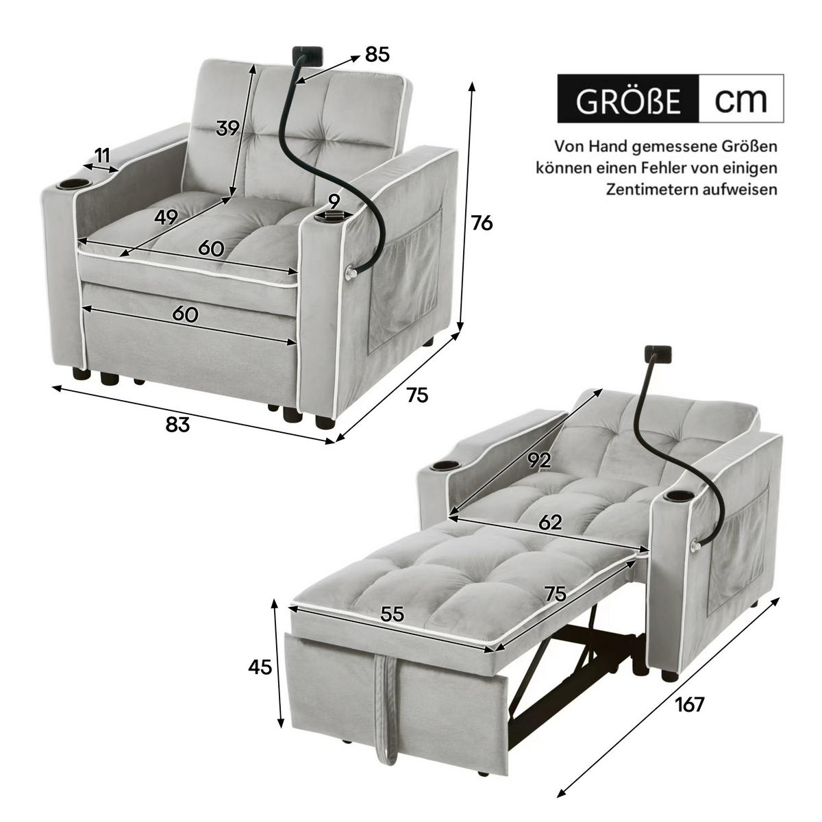 SCHLAFSESSEL Schlafsofa 3-in-1 Ausziehbares Einzel 83/167/76 cm Grau mit Getränkehaltern und Handyhalter - Weiß, Kunststoff (83/76/167cm) - OKWISH