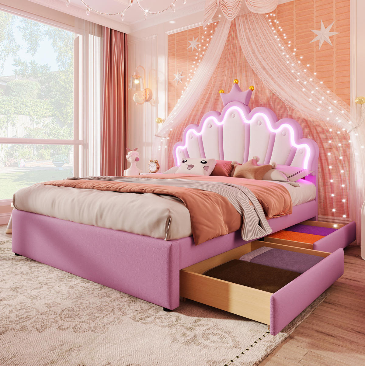 POLSTERBETT mit 2 Schubladen und LED-Licht 140x200 cm PU Rosa - Pink, Holzwerkstoff (140/200cm) - Beauniv