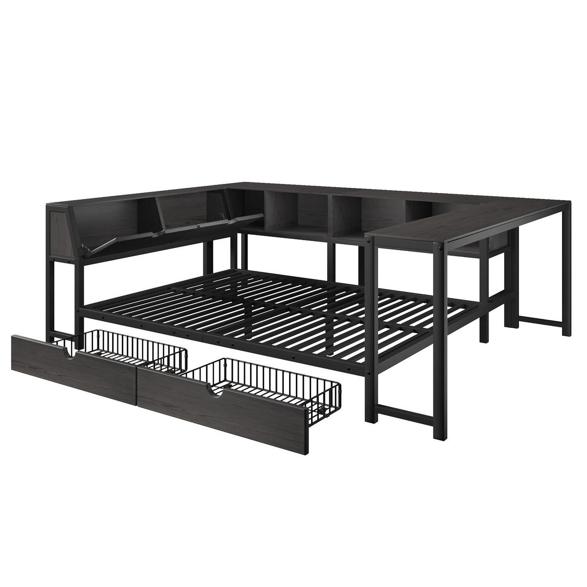METALLBETT 140x200cm mit Stauraum-Kopfteil, Schwarz - Schwarz, Metall (140/200cm) - KOMHTOM