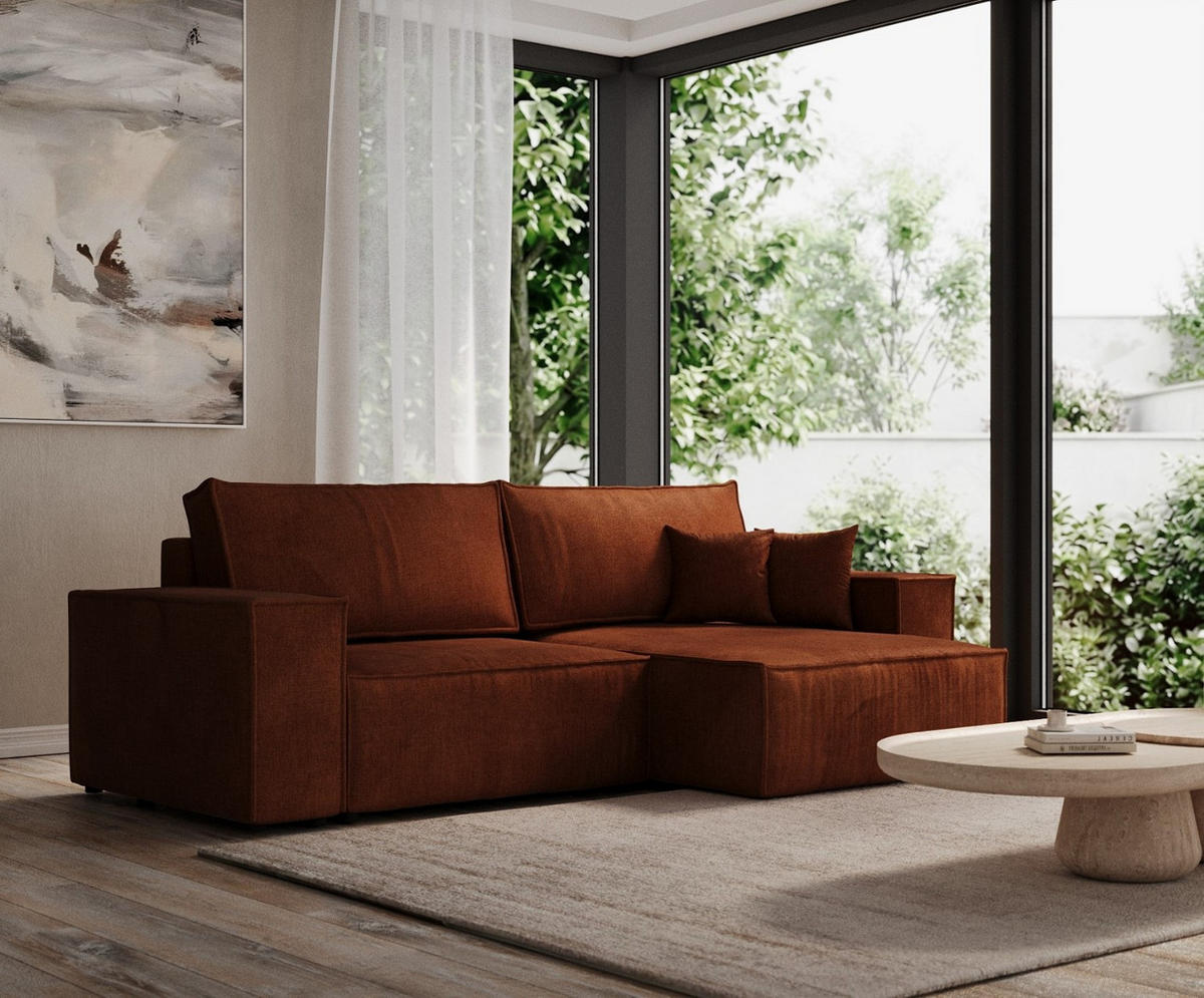 ECKSOFA CAVO mit Schlaffunktion Kupfer im Wind Stoff - Schwarz/Kupferfarben, Holz/Holzwerkstoff (255/148cm) - AltaBeds