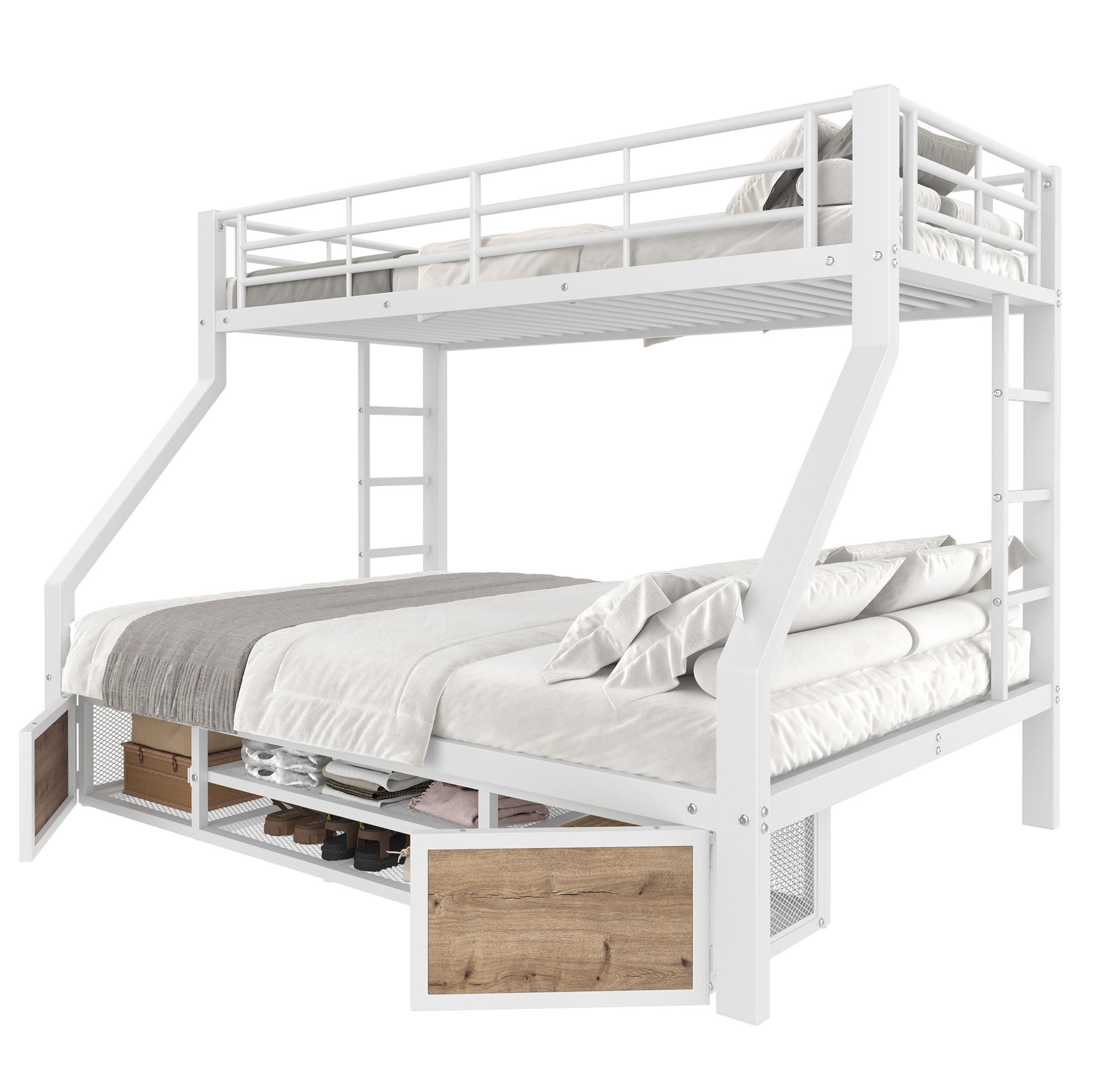ETAGENBETT 90/200 cm 140/200 cm Weiß mit Schuhschrank, Staufächern und Leiter - Weiß, Metall (140/200cm) - MIVRAY