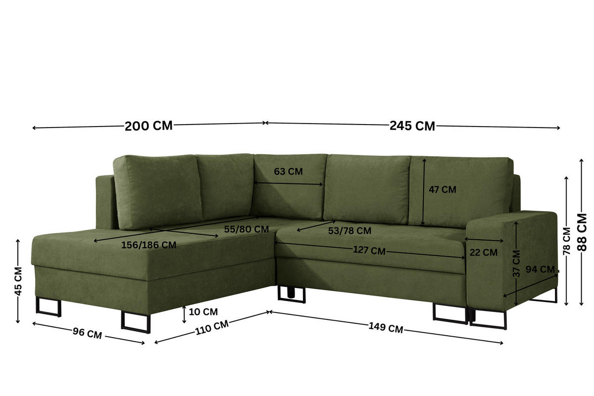 ECKSOFA mit Schlaffunktion Rechts Grün Chenille - 245x200 cm - Trevi - Schwarz/Grün, Holz/Holzwerkstoff (245/200cm) - Ravio