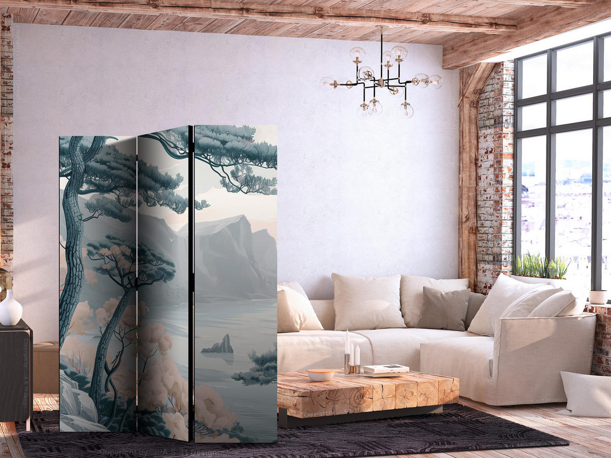 PARAVENT Beidseitig Bedruckter 3-tlg 135x172 cm Bergk ste Landschaft - Blau, Holz/Textil (135/172/3cm) - Muralo