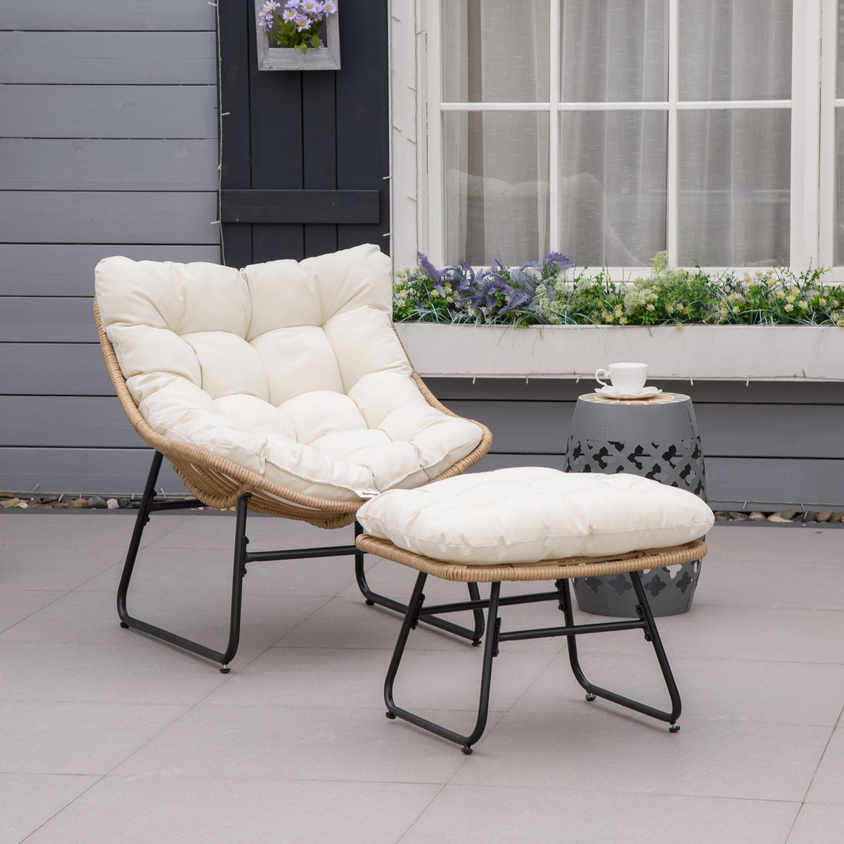 GARTENSESSEL DE-17365 mit Fußstütze & Polster, Rattan-Optik Natur - Naturfarben, Metall (76/70/69cm) - ComfortXL
