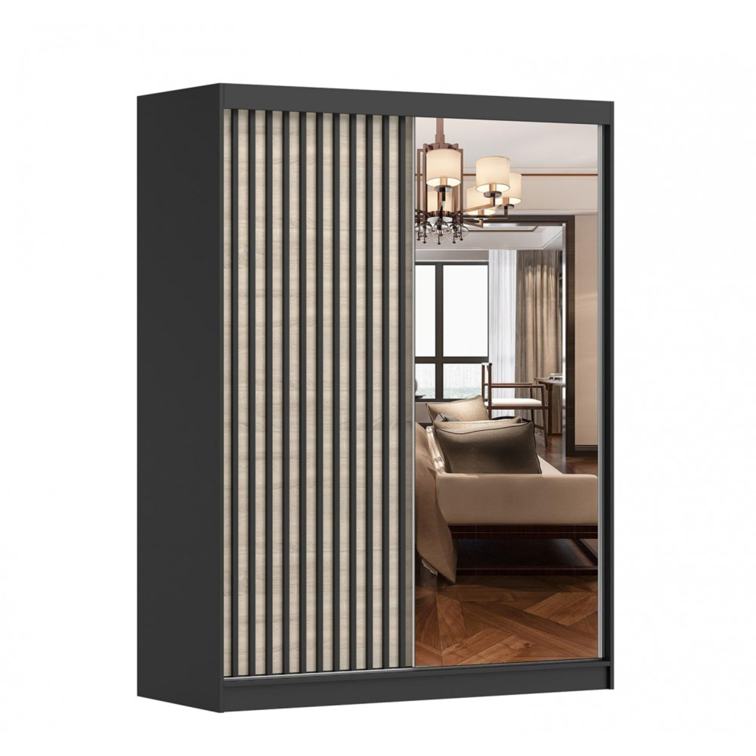 SCHIEBETÜRENSCHRANK - LABI S1 (Schwarz + Sonoma) - Schwarz/Sonoma Eiche, Holzwerkstoff/Metall (150/200/61cm) - Möblo