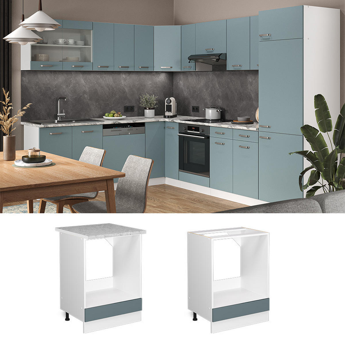 HERDUMBAUSCHRANK R-Line Blau-Grau 60 cm, AP Anthrazit - Blaugrau/Weiß, Holzwerkstoff (60/81.6/60cm) - Vicco