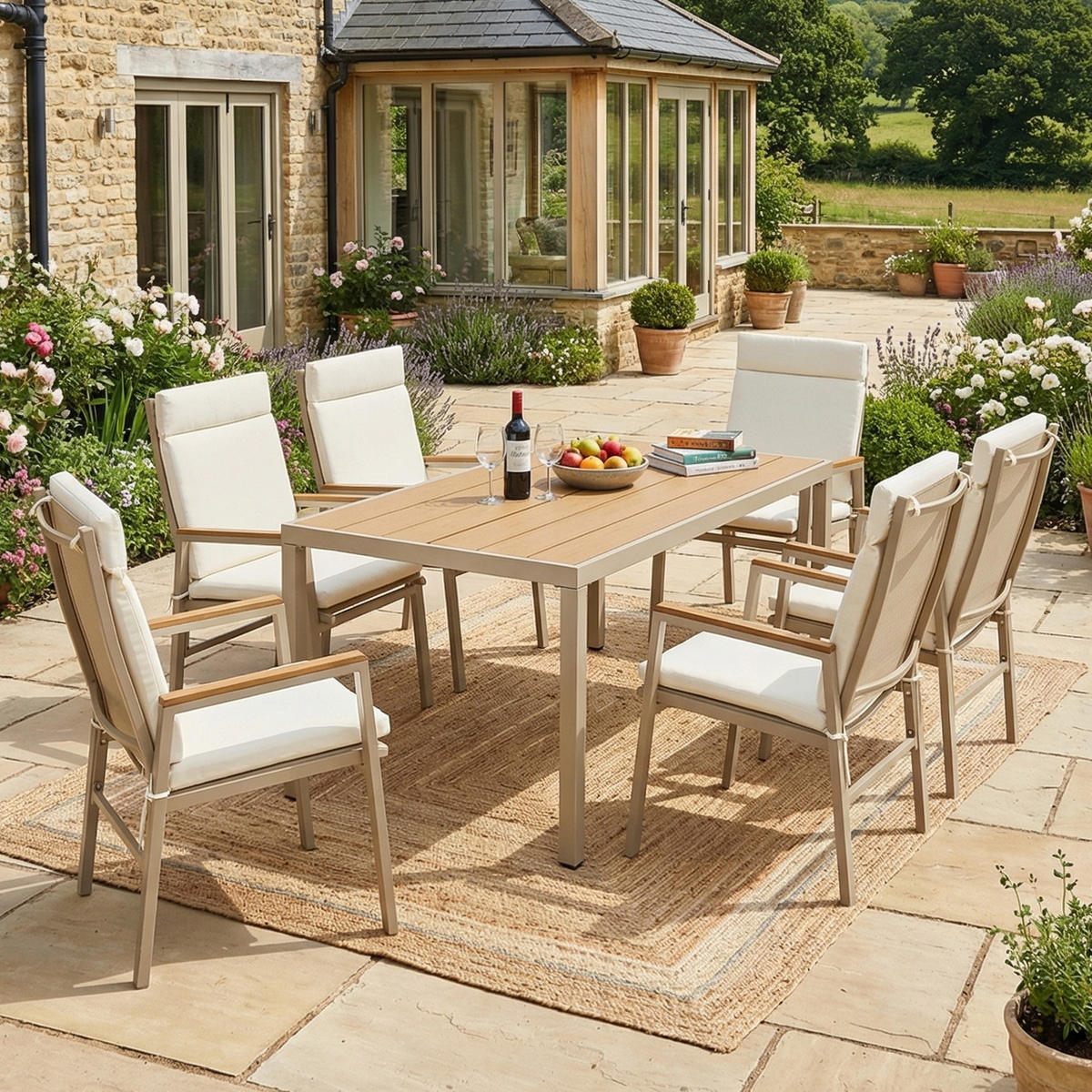 DINING-LOUNGESET für 6 Personen, bestehend aus 1 Tisch und 6 Stühlen - Beige, Textil - Coonoor