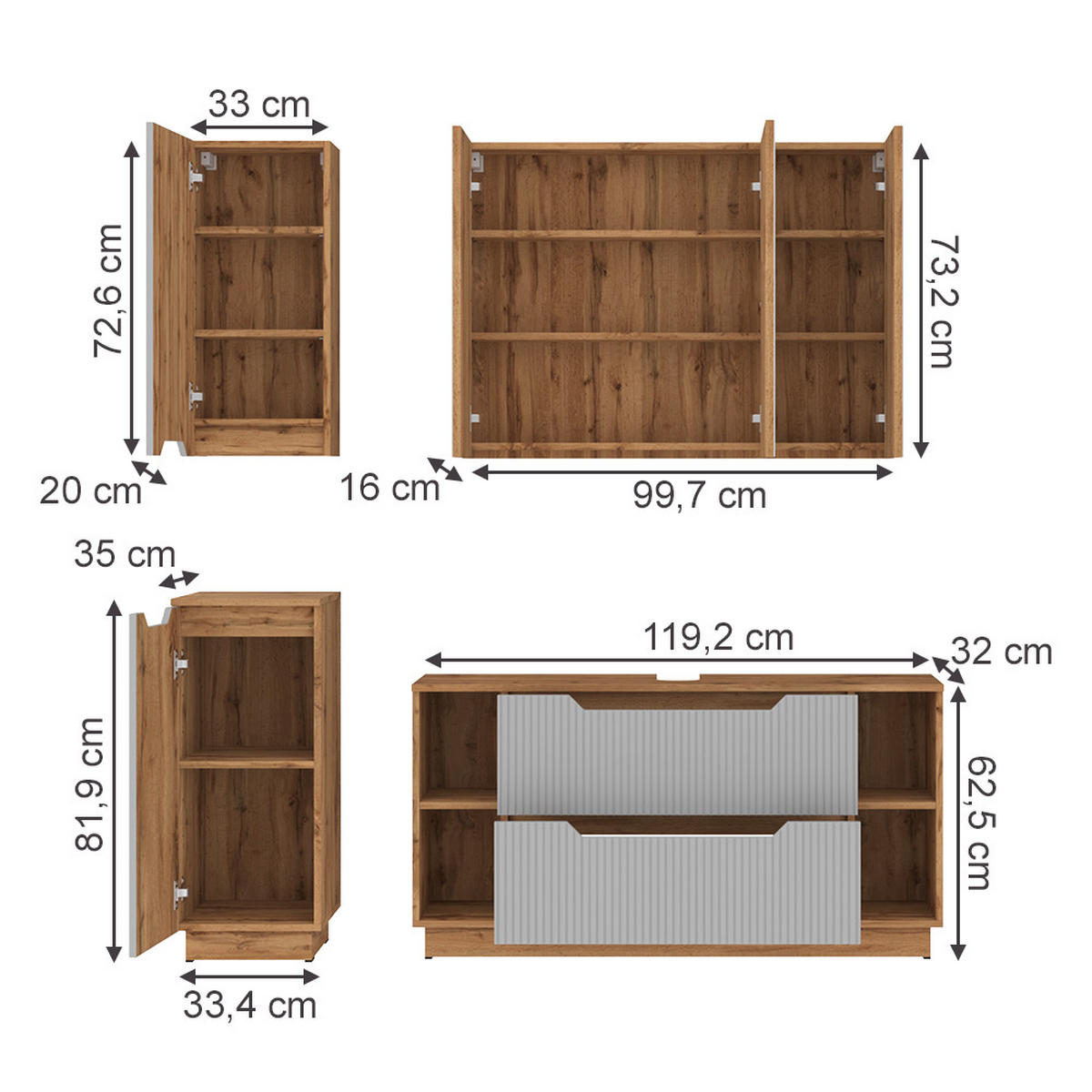 BADMÖBEL-SET Lotta Eiche/grau gestreift 4 Teile - Eichefarben/Grau, Holzwerkstoff (119.2/62.5/35cm) - Vicco
