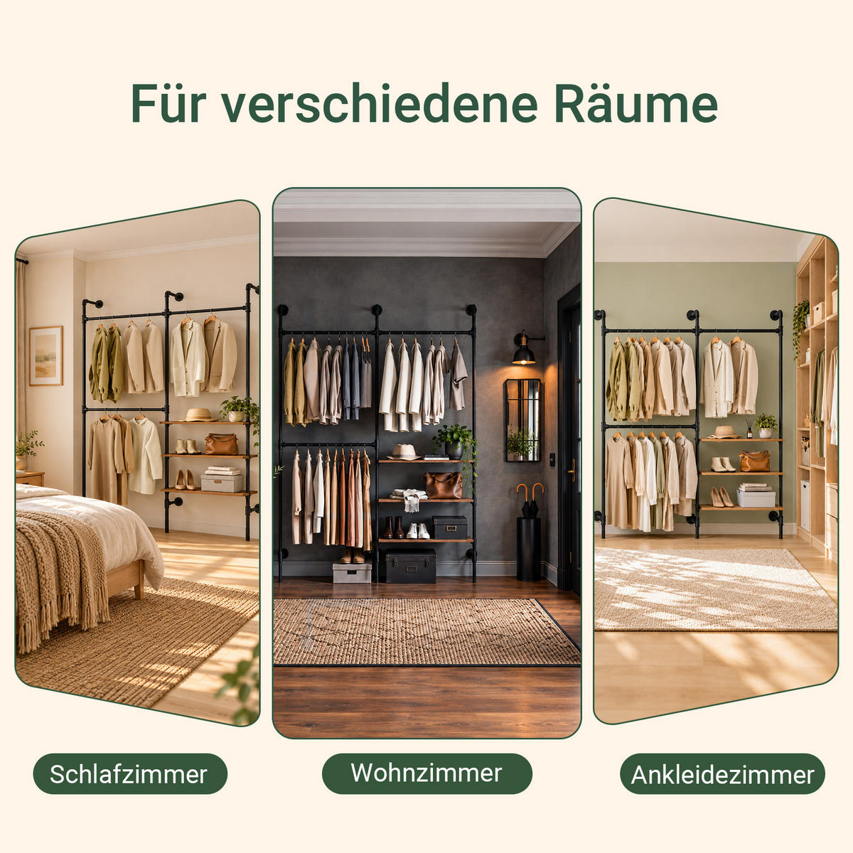 WANDGARDEROBE & Kleiderständer 220x168 cm, 3 Stangen und 3 Böden in Holzoptik, Schwarzes Stahlrohr, Industrial, Flur & Schlafzimmer - Schwarz, Kunststoff (168/220/46cm) - SoBuy