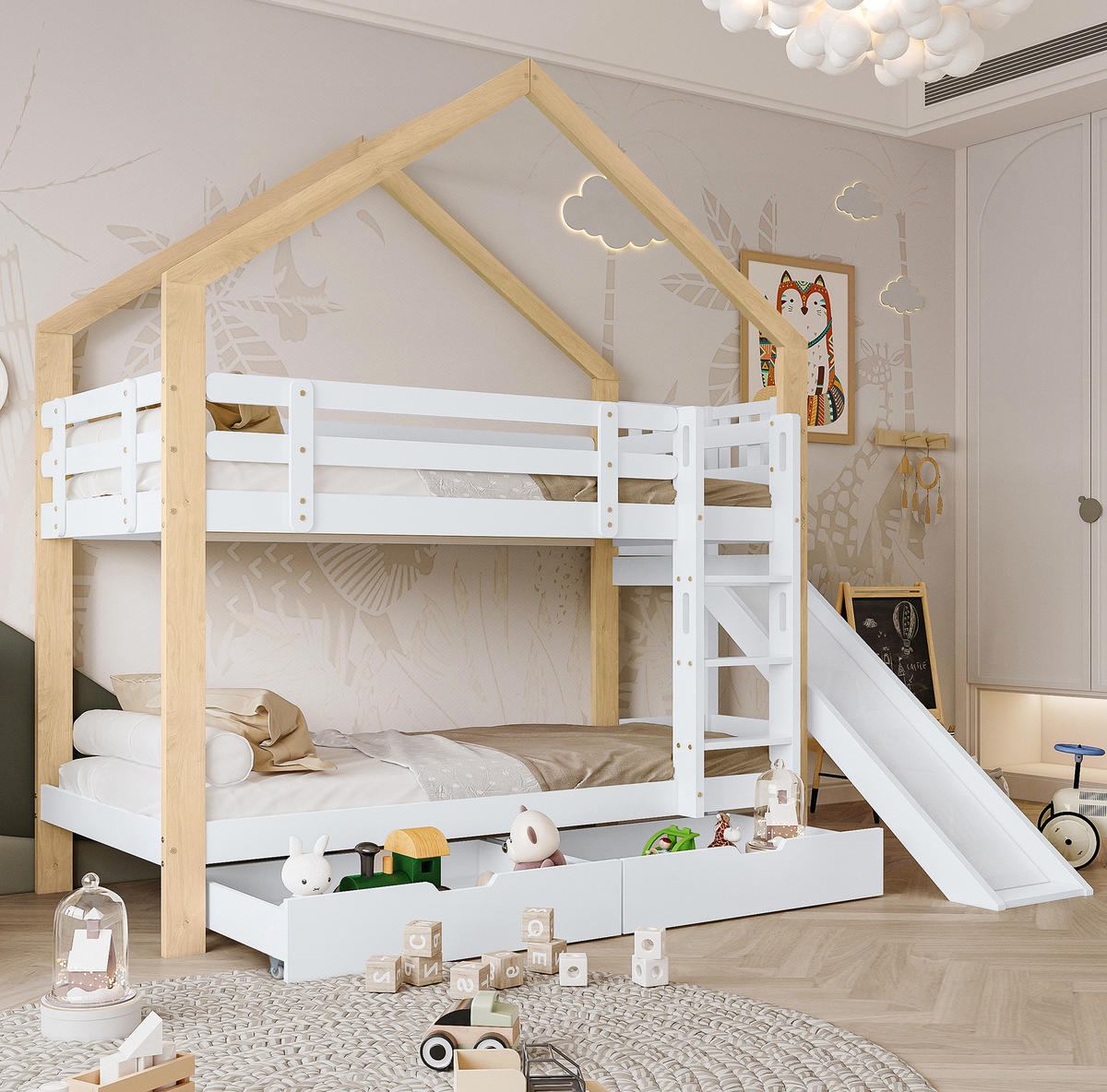 ETAGENBETT aus Kiefer und MDF 90x200 cm Weiß/Natur mit Rutsche, Leiter, 2 Schubladen und Hausdesign - Weiß, Holzwerkstoff (90/200cm) - Modfu