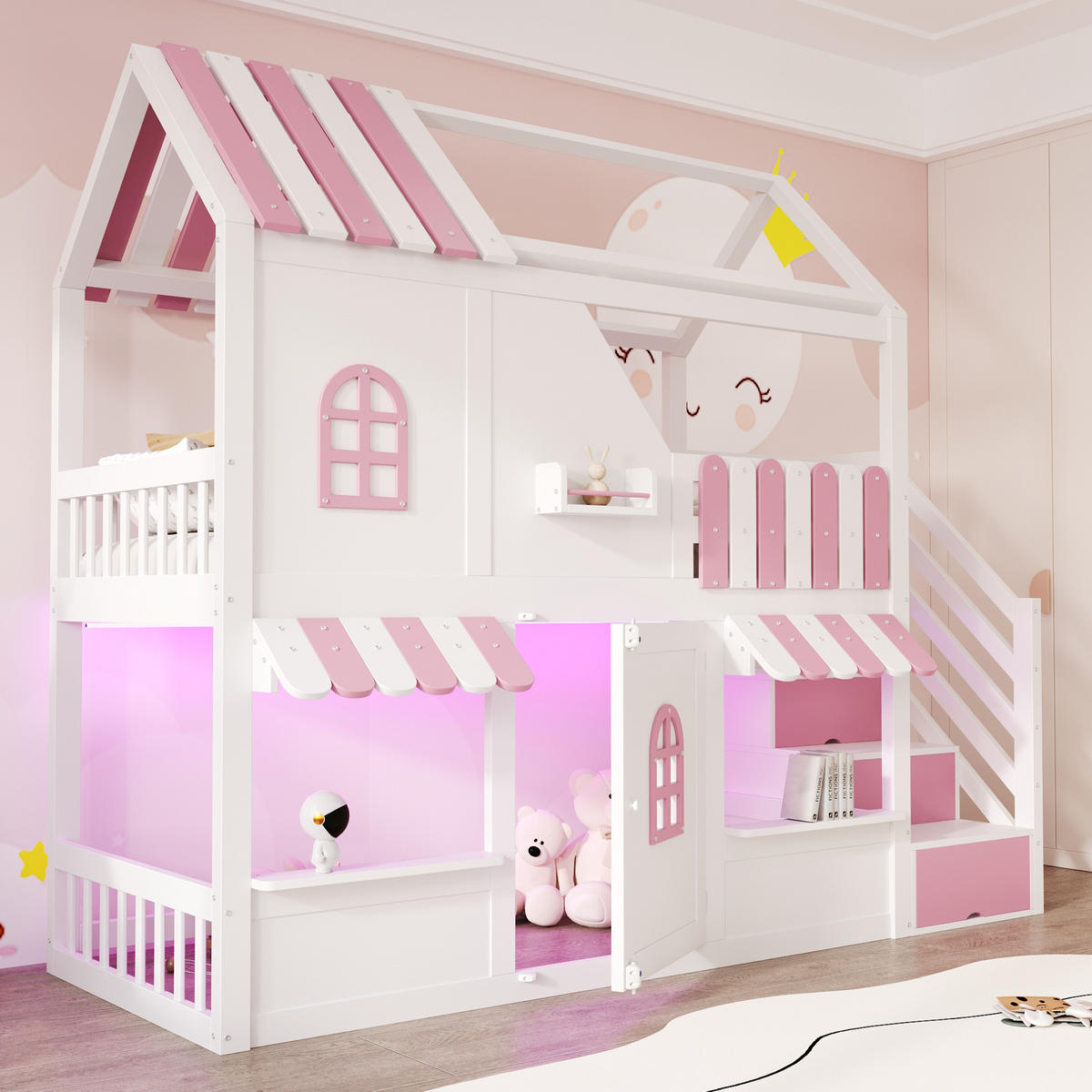 ETAGENBETT 90x200cm Kinderbett Hausdesign Fenster LED Rosa Weiß - Pink, Holz (90/200cm) - FLIEKS