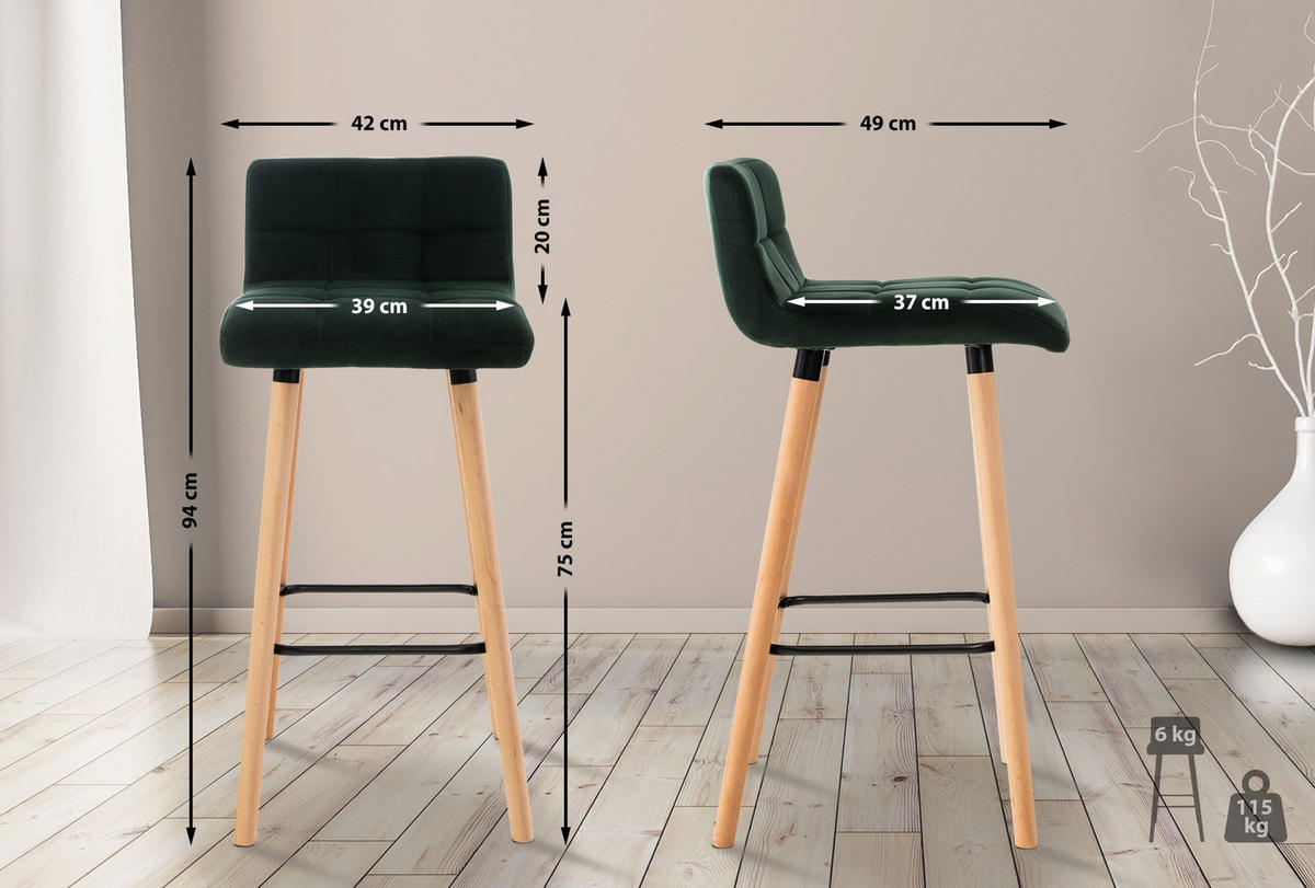 BARHOCKER Samt Grün - Eukalyptusholzfarben/Grün, Holz/Textil (42/94/49cm) - CLP