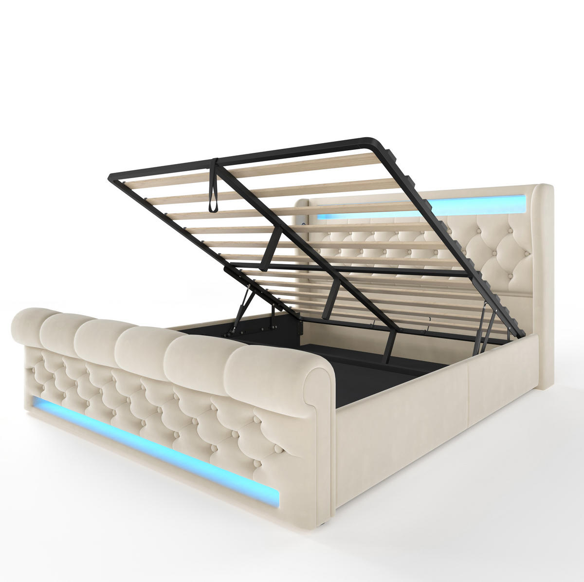 POLSTERBETT 140/200 cm Beige mit LED-Beleuchtung und Stauraum-Kopfteil - Beige, Textil (140/200cm) - OKWISH