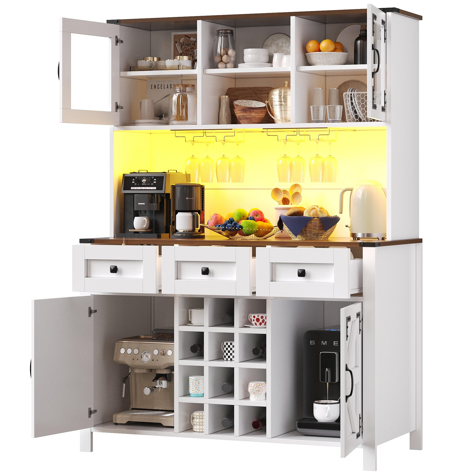 ANRICHTE Küchenschrank 120/40/170 cm aus MDF mit Glas und LED-Beleuchtung Weiß - Weiß, Holzwerkstoff (120/170/40cm) - Modenvie