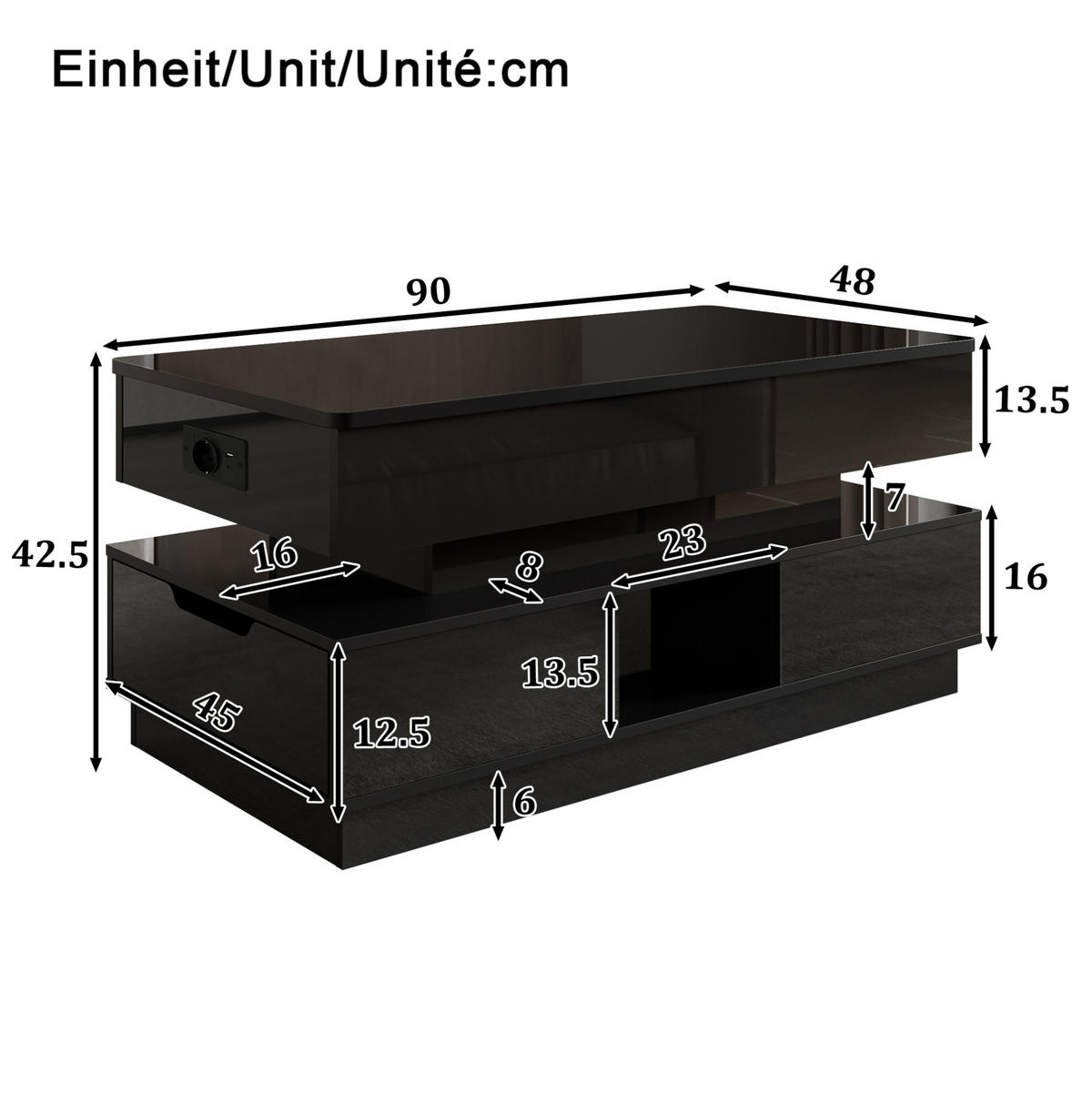 COUCHTISCH 90/48/42,5 cm schwarz aus MDF mit Höhenverstellung, LED und Steckdose - Schwarz, Holzwerkstoff (48/90/42.5cm) - OKWISH