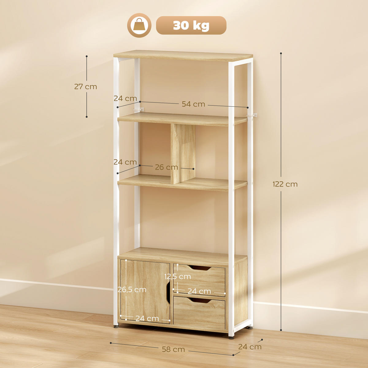 BÜCHERREGAL,BÖDEN Schubladen Tür Industriestil 58x24x122cm,weiß-naturholz - Weiß, Holzwerkstoff (58/122/24cm) - Vallsero