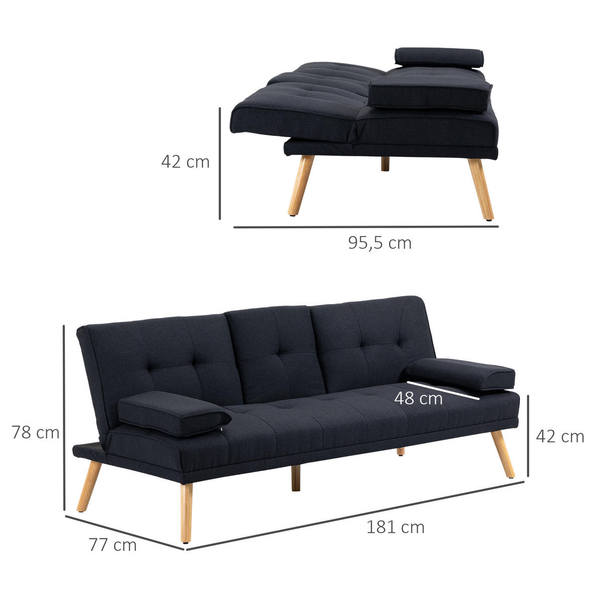 SCHLAFSOFA, 3-Sitzer-Schlafcouch mit Klappbarem Tisch, Becherhalter, Grau - Naturfarben/Grau, Holz/Textil (77/78/181cm) - HOMCOM