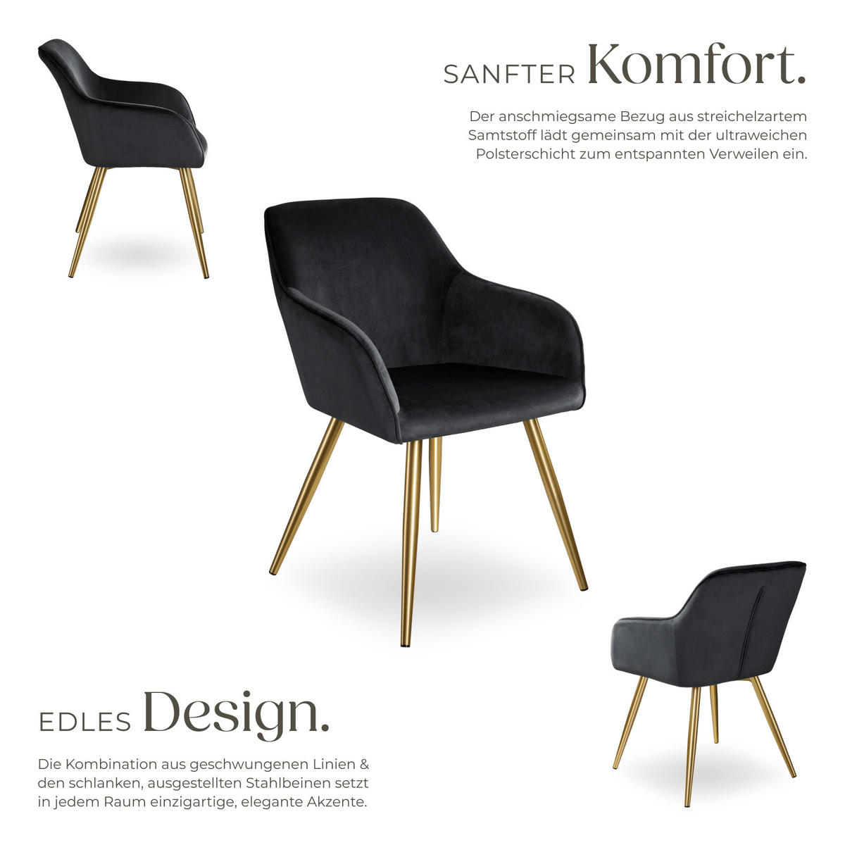 ESSZIMMERSTUHL 1er Set Marilyn 58 x 62 x 82 cm schwarz/gold - Goldfarben/Schwarz, Textil (58/82/62cm) - tectake