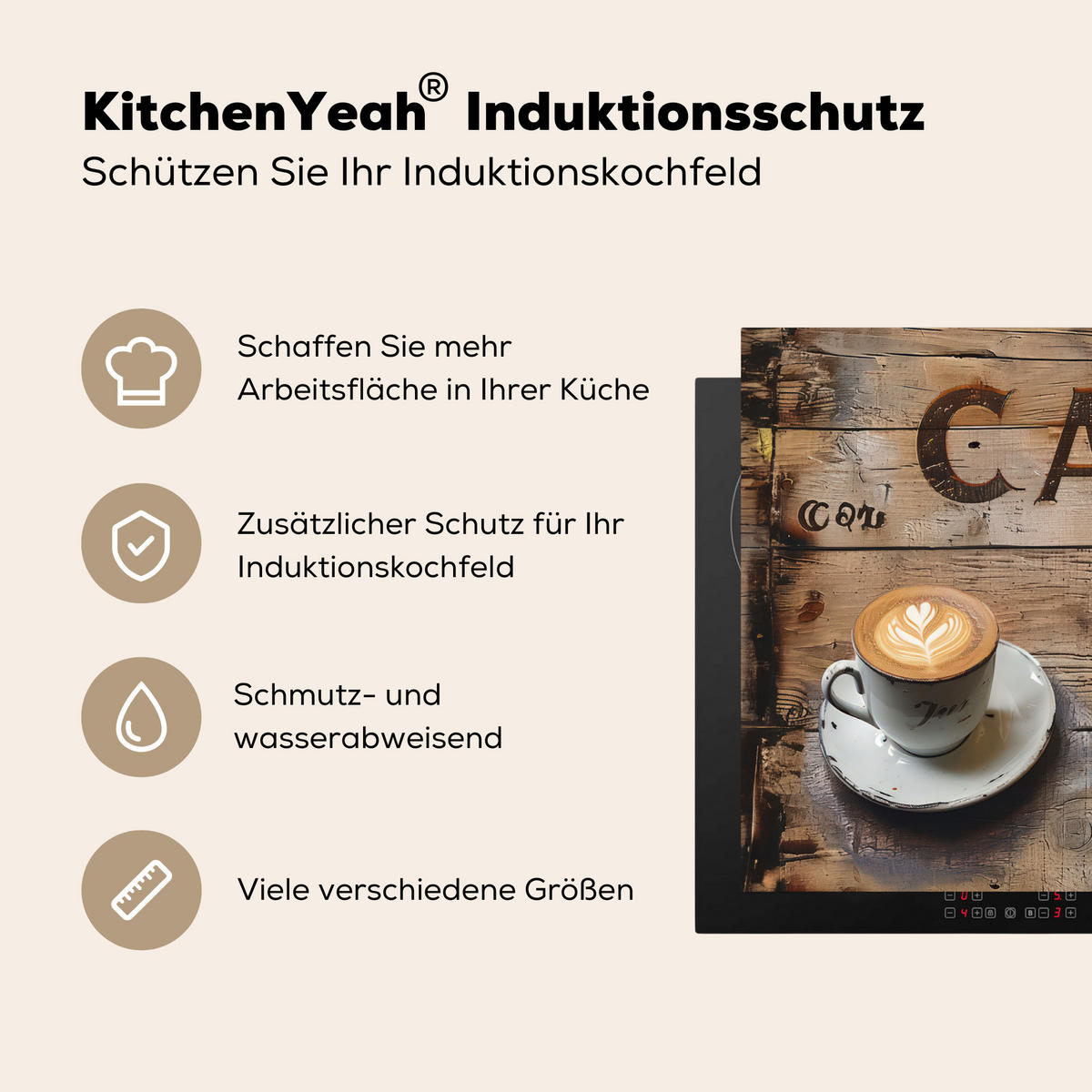 HERDABDECKPLATTE Cafe - Holz - Kaffee - Regale Herdabdeckung Induktionsfeld 65x52 cm - Schwarz, Kunststoff (65/52/0.2cm) - MuchoWow