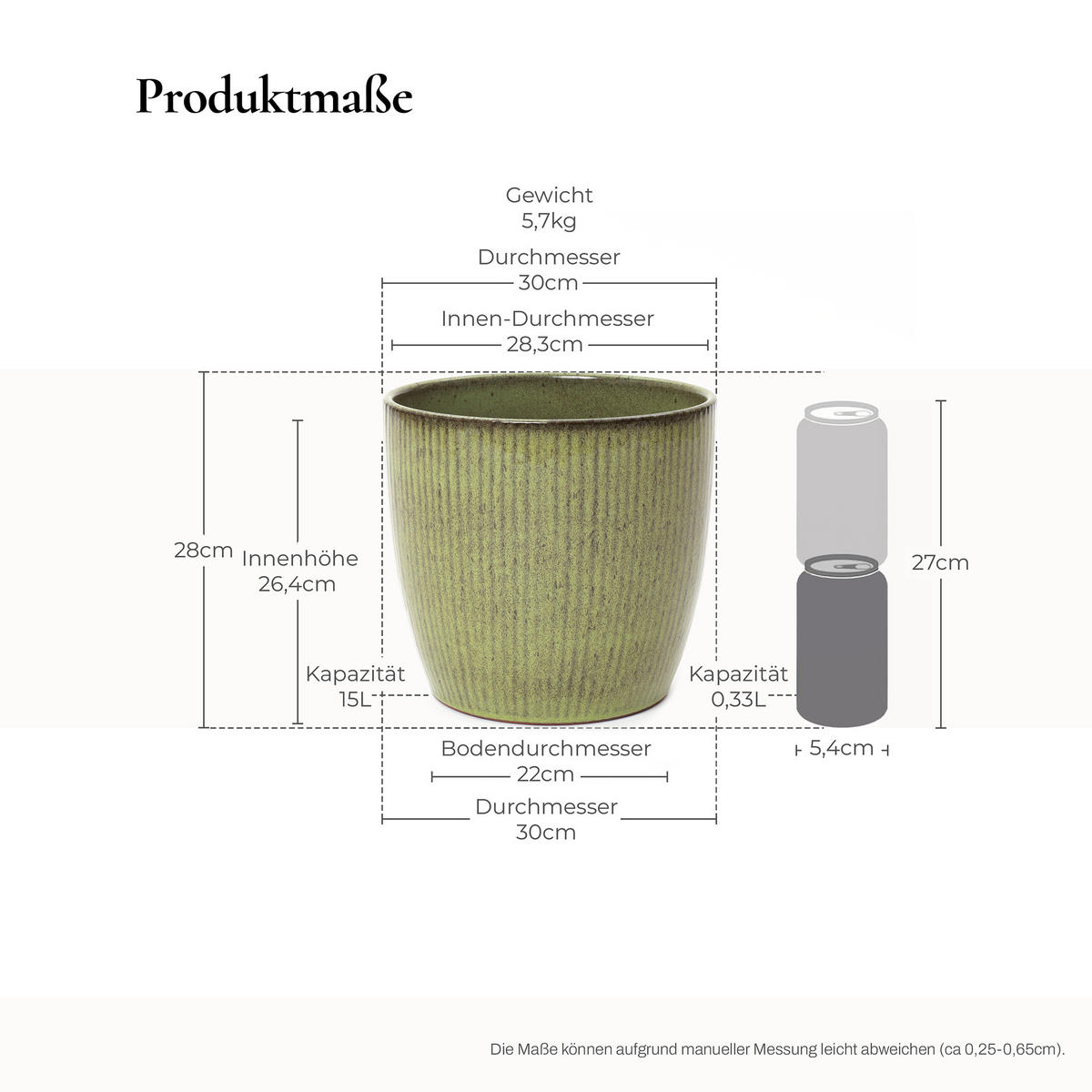 GRÜNER Keramik-Blumentopf, Durchmesser 30 cm, Höhe 28 cm - Grün, Keramik (27cm) - Hometopia