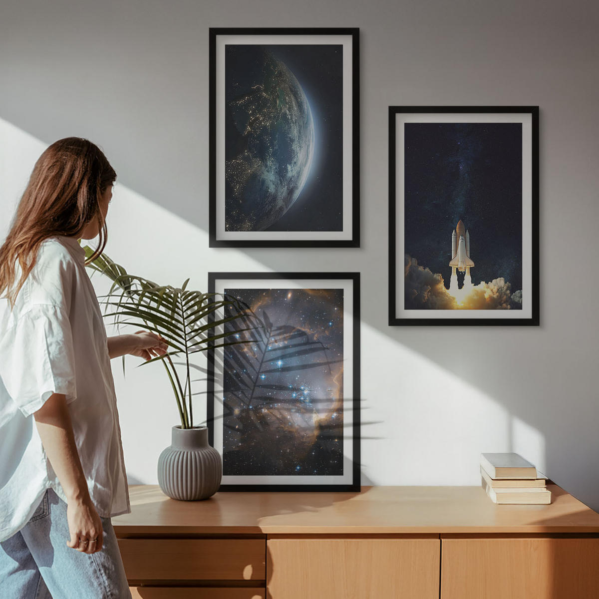 BILDER SET 3er Set - 40x60 cm Schwarzer Rahmen - Weltraum Erde Rakete Galaxie - Schwarz, Kunststoff (40/60cm) - TULUP