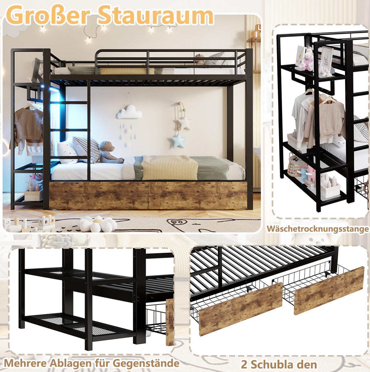 ETAGENBETT aus Metall und MDF 90x200 cm Schwarz mit LED-Beleuchtung, Schubladen und Regalen - Schwarz, Metall (90/200cm) - IVMEU