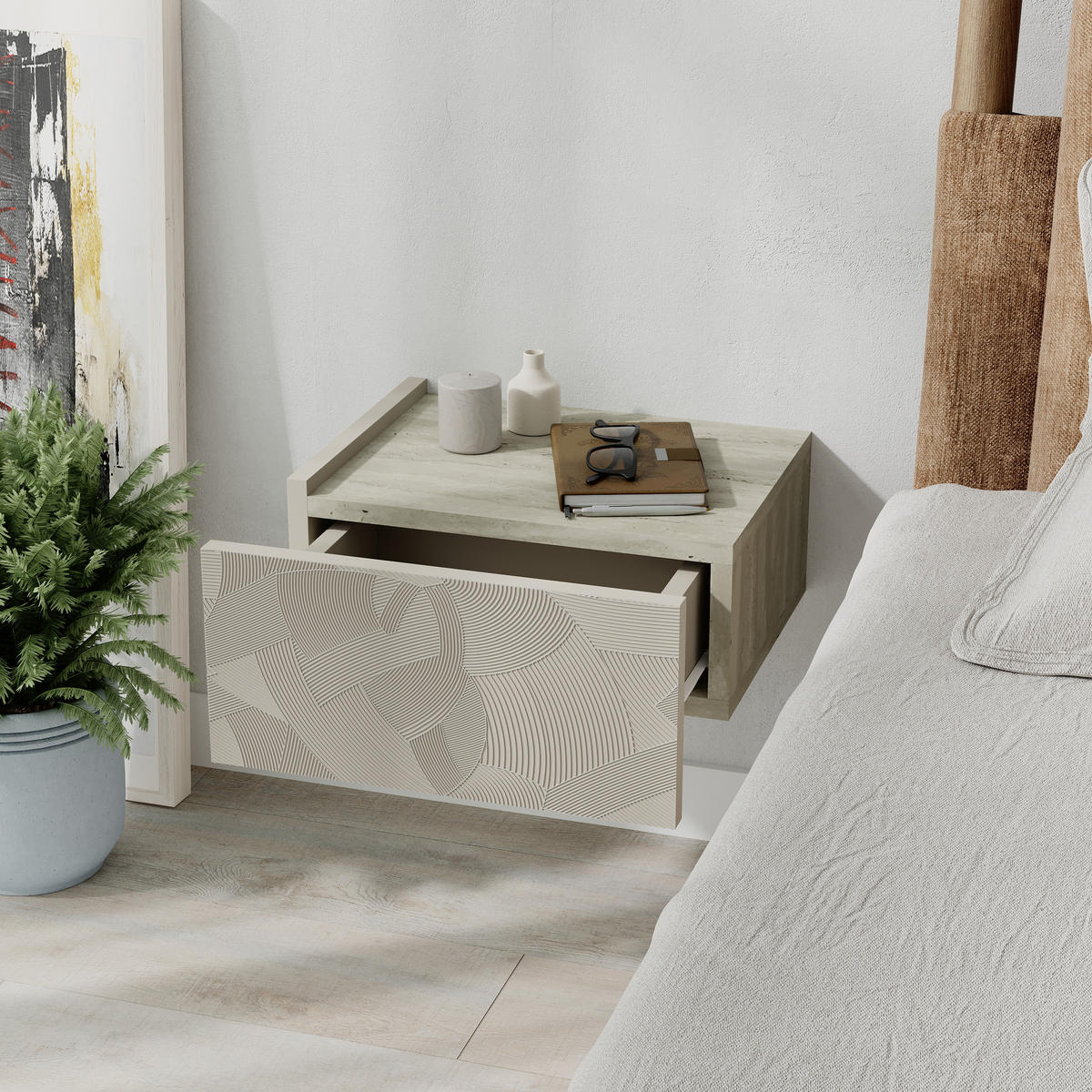 NACHTTISCH Onda Sandstein, Travertin 38,4/31/18,5 cm - Sandfarben, Holzwerkstoff (38.4/18.5/31cm) - Decortie