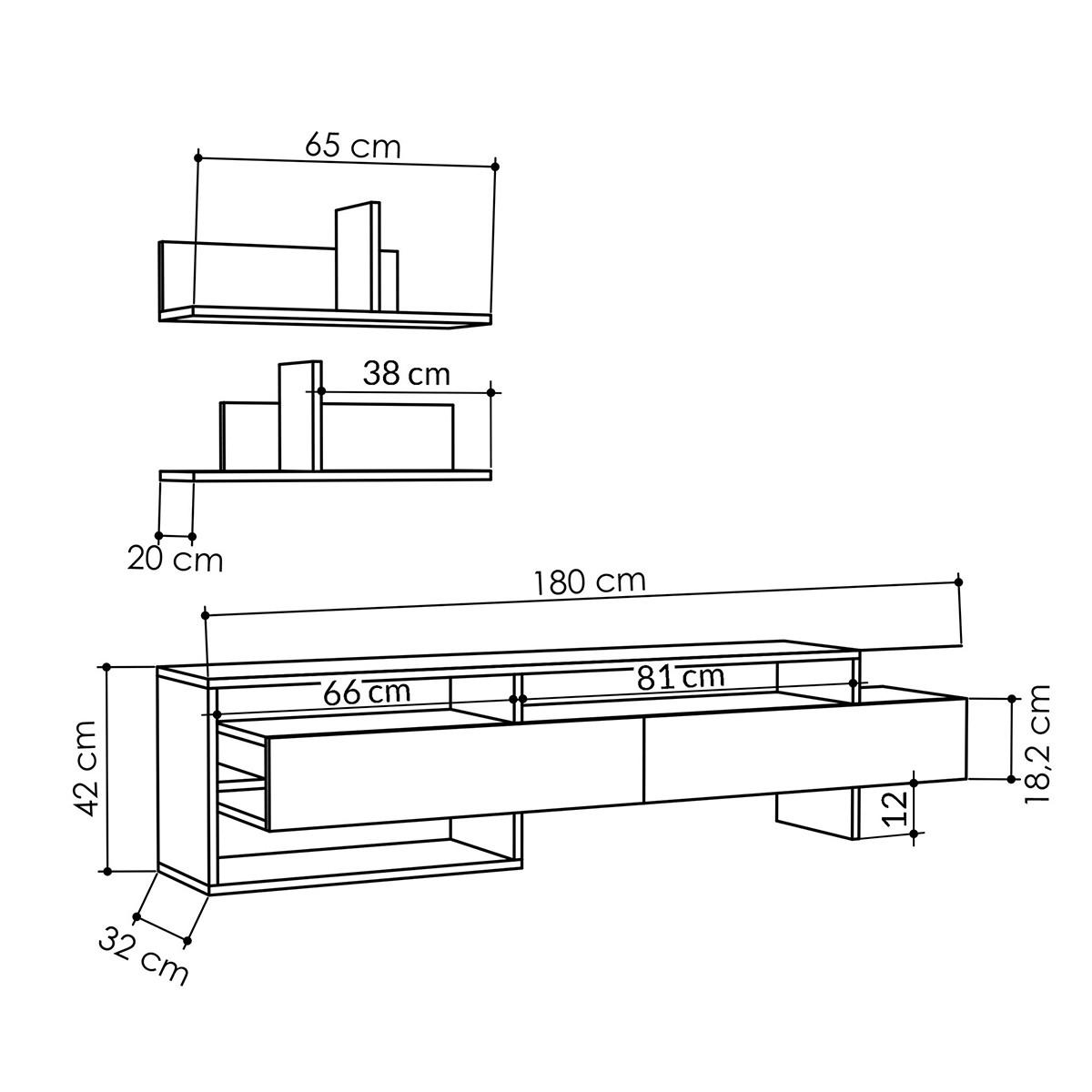 TV-MÖBEL mit 2 Türen und 2 Wandregalen L180 cm - Gara - Taupe, Holzwerkstoff (32/42/10cm) - Calicosy