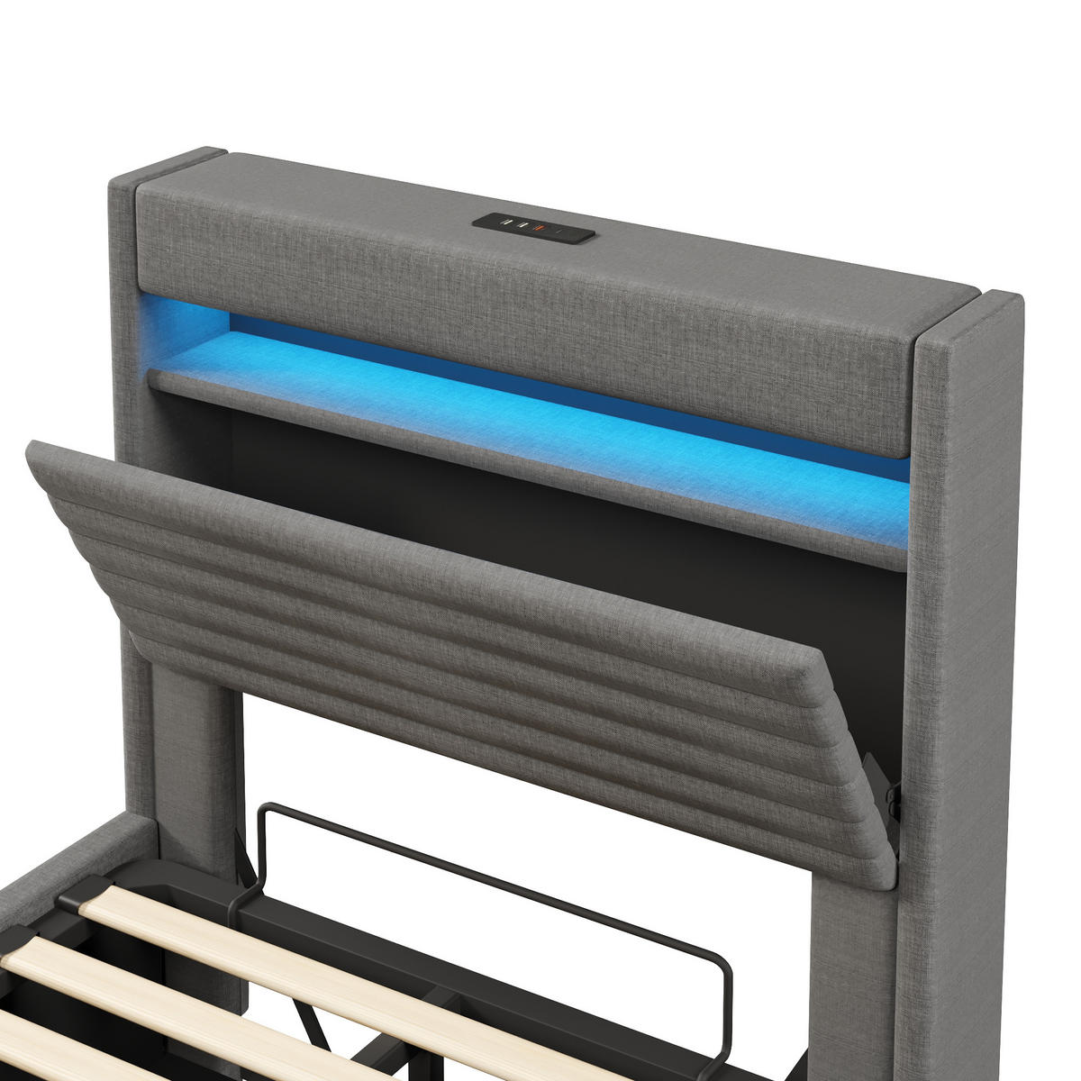 POLSTERBETT 90/200 cm in Grau mit Bettkasten, LED, USB und Type-C Leinen Design - Grau, Holzwerkstoff/Textil (70/140cm) - STILVORA